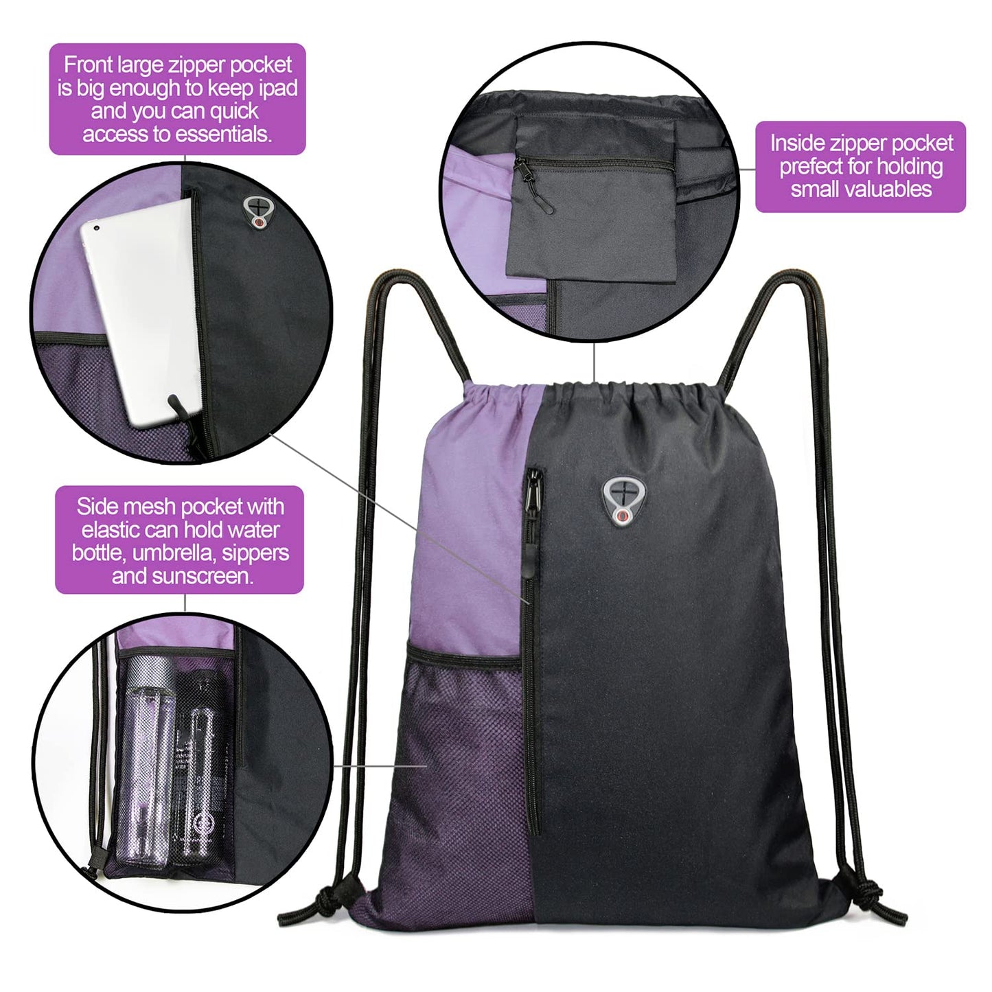 BeeGreen Lilac Drawstring Backpack Sports Gym String Backpack For Women Men Large Size Cinch Sack Workout Bag with Zipper and Water Bottle Mesh Pockets