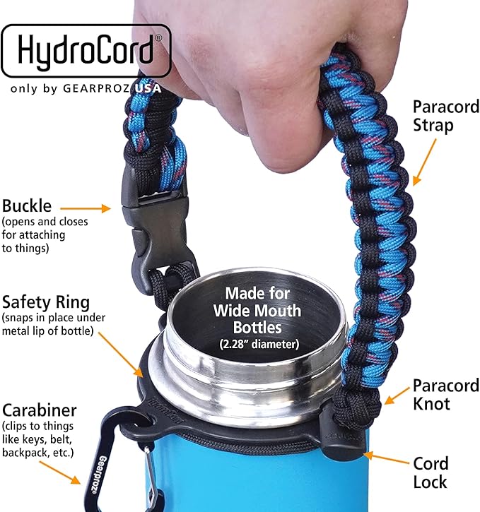 HydroCord Handle for Hydro Flask Wide Mouth Water Bottles, Hydroflask 1.0, Iron Flask, Thermoflask and Takeya Reusable Water Bottles, Paracord Survival Strap