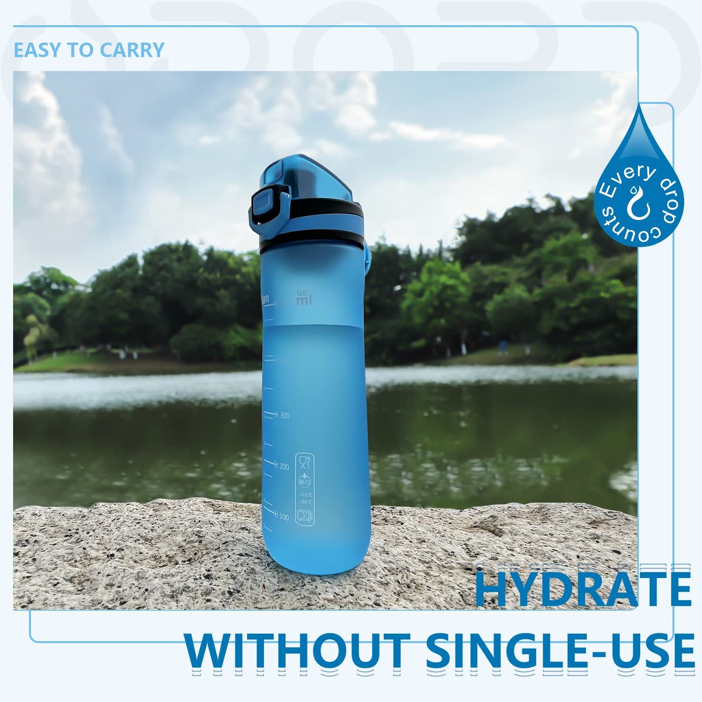 Opard Peak Water Bottle 20 Oz BPA Free Tritan Plastic Leak Proof Flip Top for School Kids Sports Gym Yoga Camping (Aqua)