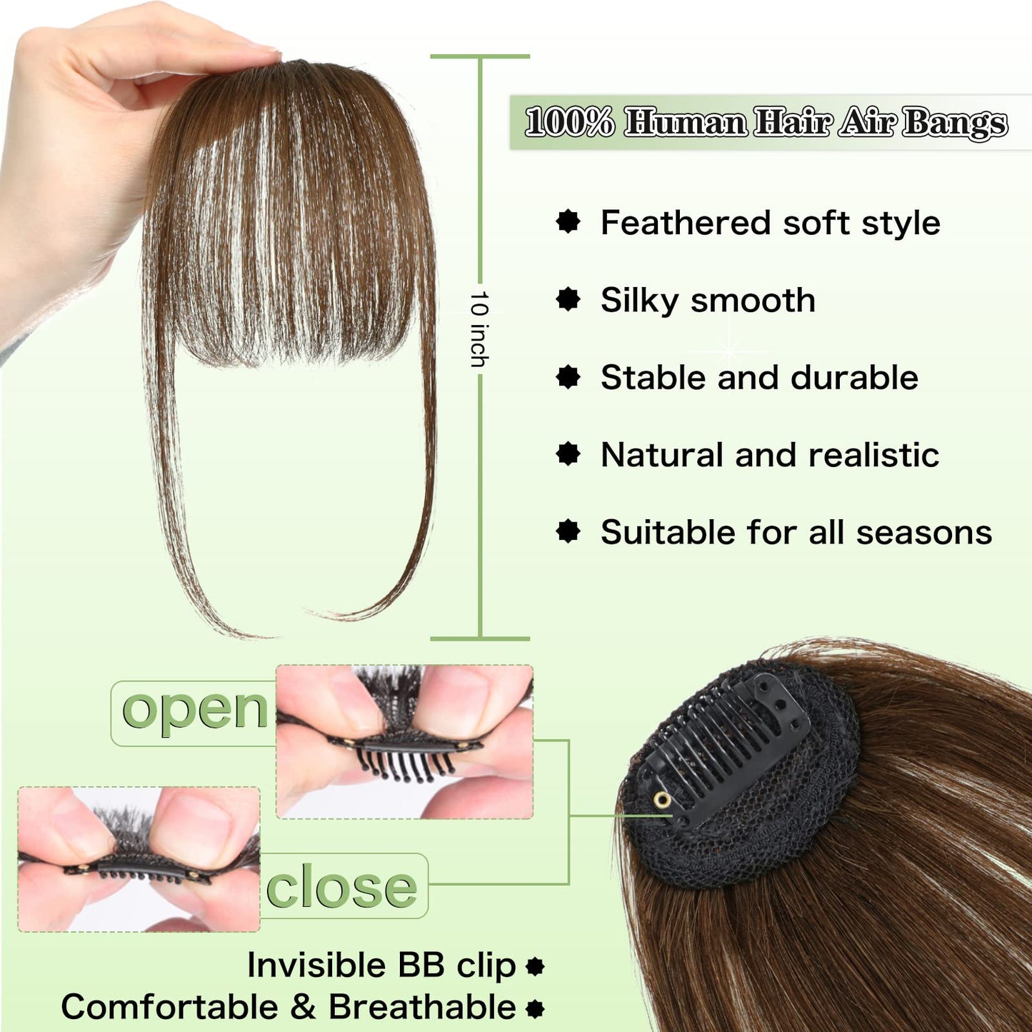 NAYOO Bangs Hair Clip -Medium Brown Fake Bangs 100% Real Human Hair Extensions Wispy Bangs for Women Fringe with Temples Hairpieces Curved Bangs for Daily Wear