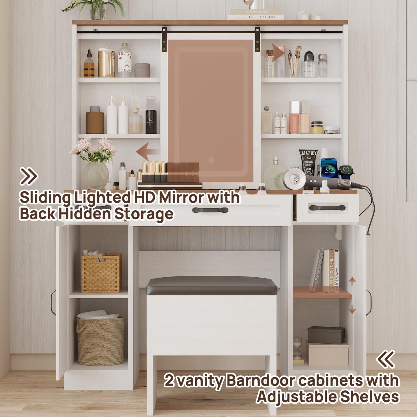 ALBAD Vanity Desk with Mirror and Lights Farmhouse Makeup Vanity Desk with Sliding Mirror and Vanity Stool Set Rustic Vanity Dresser with Organization and Storage Drawers and Power Outlet White
