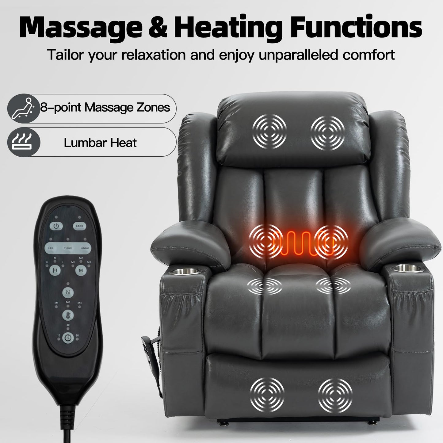 EZZUP Lay Flat Lift Recliner Chair with Massage & Heat for Elderly People, Electric Power Lift Chair w/Dual Motor, 2 Stainless Steel Cup Holders and 2 Remote Controls, Breathable Leather Grey