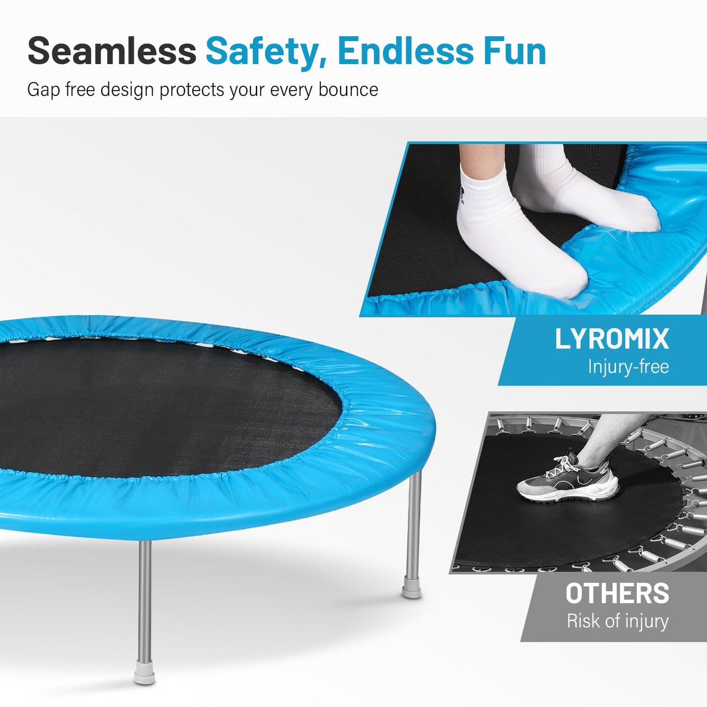 Lyromix 48Inch Rebounder Trampoline for Adults with Adjustable Bar, Mini Fitness Trampoline for Adults and Kids, Small Exercise Trampoline with Handle for Indoor Outdoor Workout, Blue