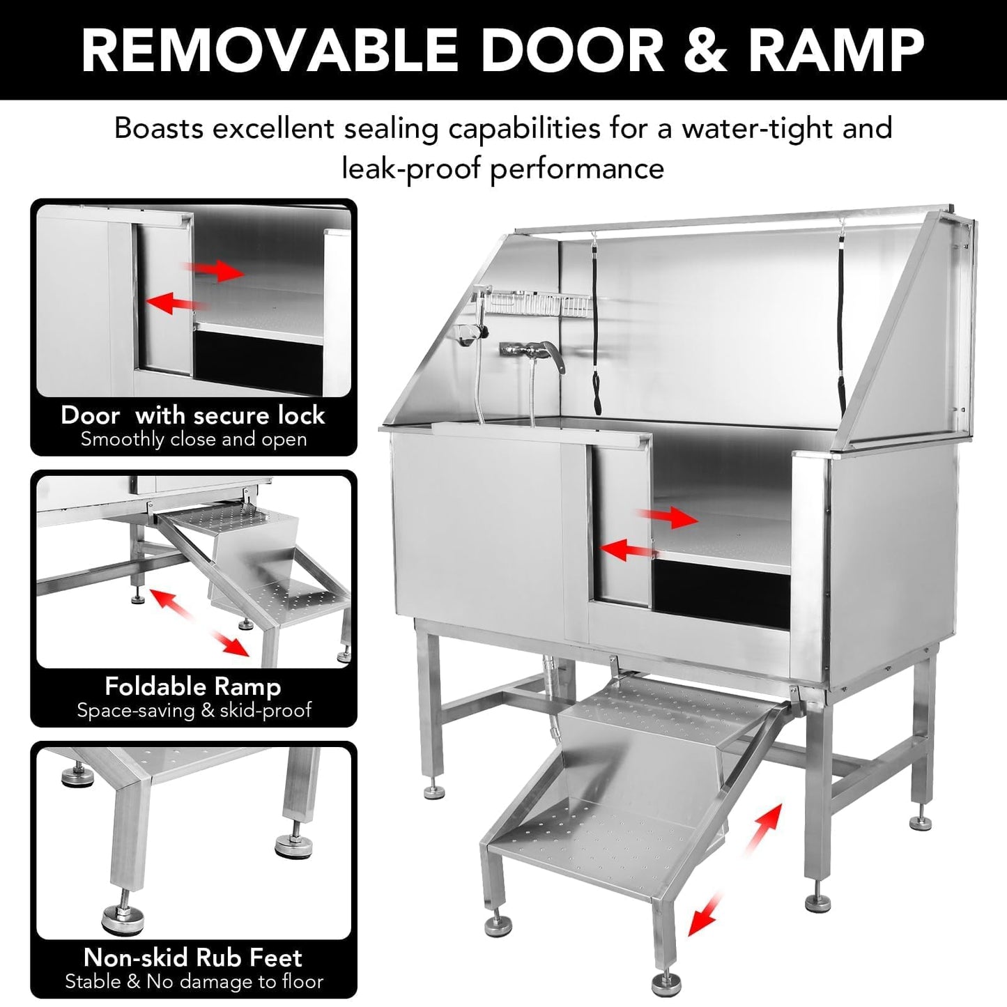 50" Pet Grooming Bathing Station, Professional Stainless Steel Dog Grooming Tub w/Removable Ramp, Storage Drawer, Floor Grate, Stairs Faucet, Dog Bathtub for Large, Medium & Small Pets, Right Door