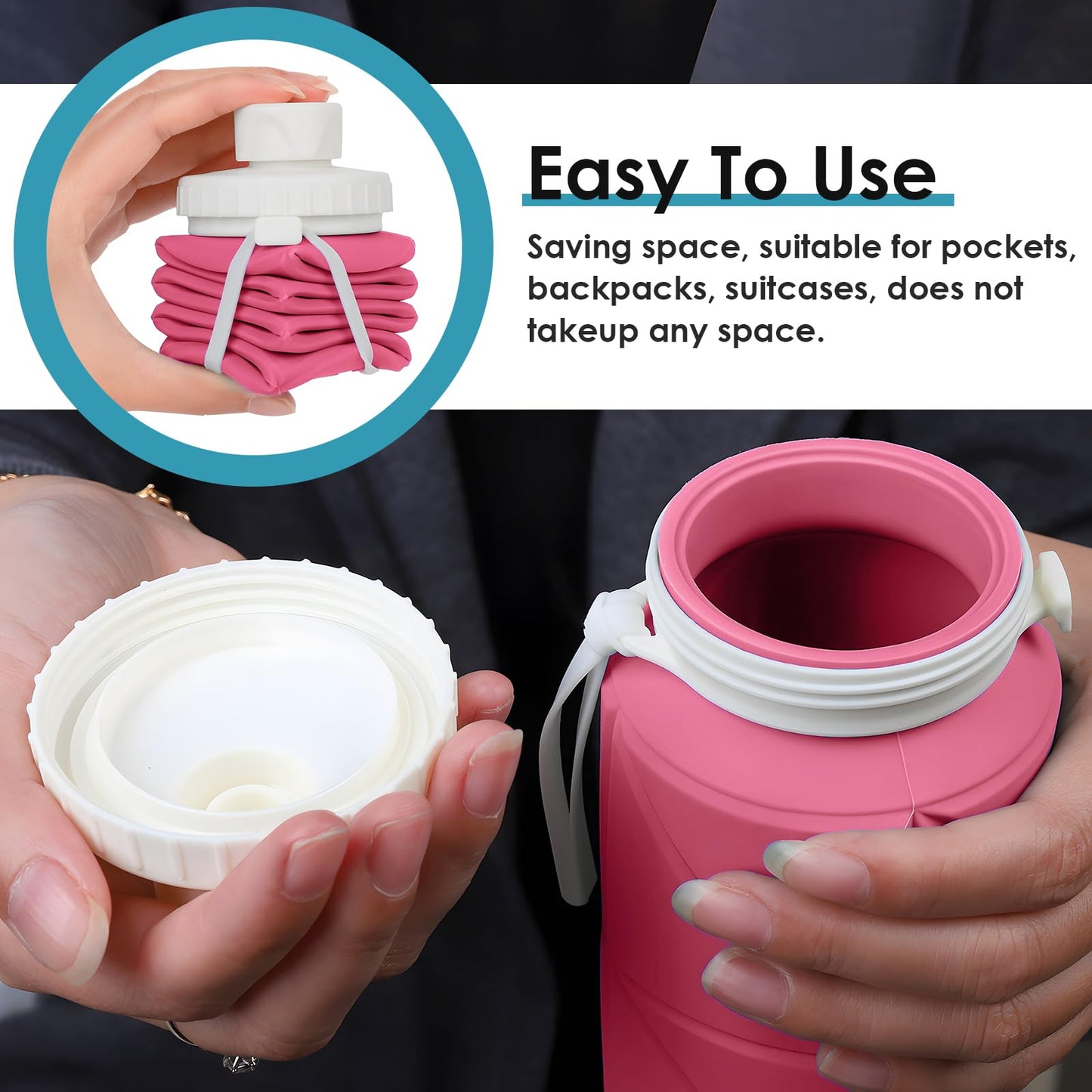 Popdigito Collapsible Water Bottle 2pcs Foldable Silicone Travel Water Bottle Leakproof Flexible BPA Free Portable,Folding Water Bottle Lightweight for Camping, Hiking,Sports 23oz (Pink)