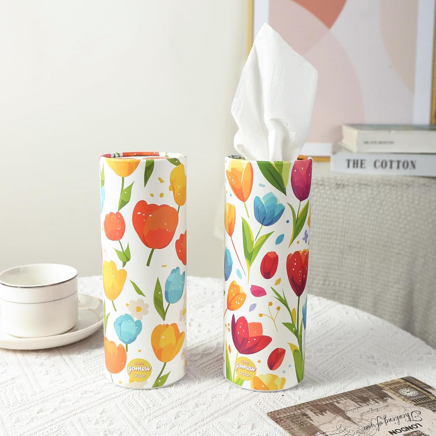 Car Tissue Holder (4 PK) - 50 3-Ply Tissues per Cylinder, Fits Car Cup Holders, Portable Travel Tubes Box Container, Tulip Design, Round Tissue Container for Car Accessories