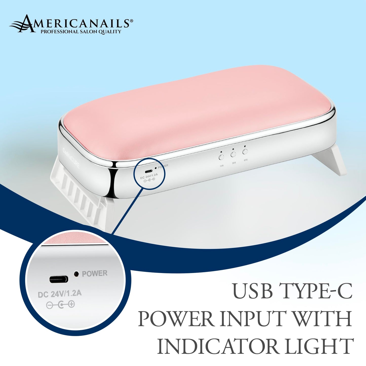 Americanails Cush'n Cure LED Nail Curing Lamp with Armrest, USB Type-C Power Input, Acetone-Resistant Finish, and Soft, Easy-to-Clean Armrest Cushion
