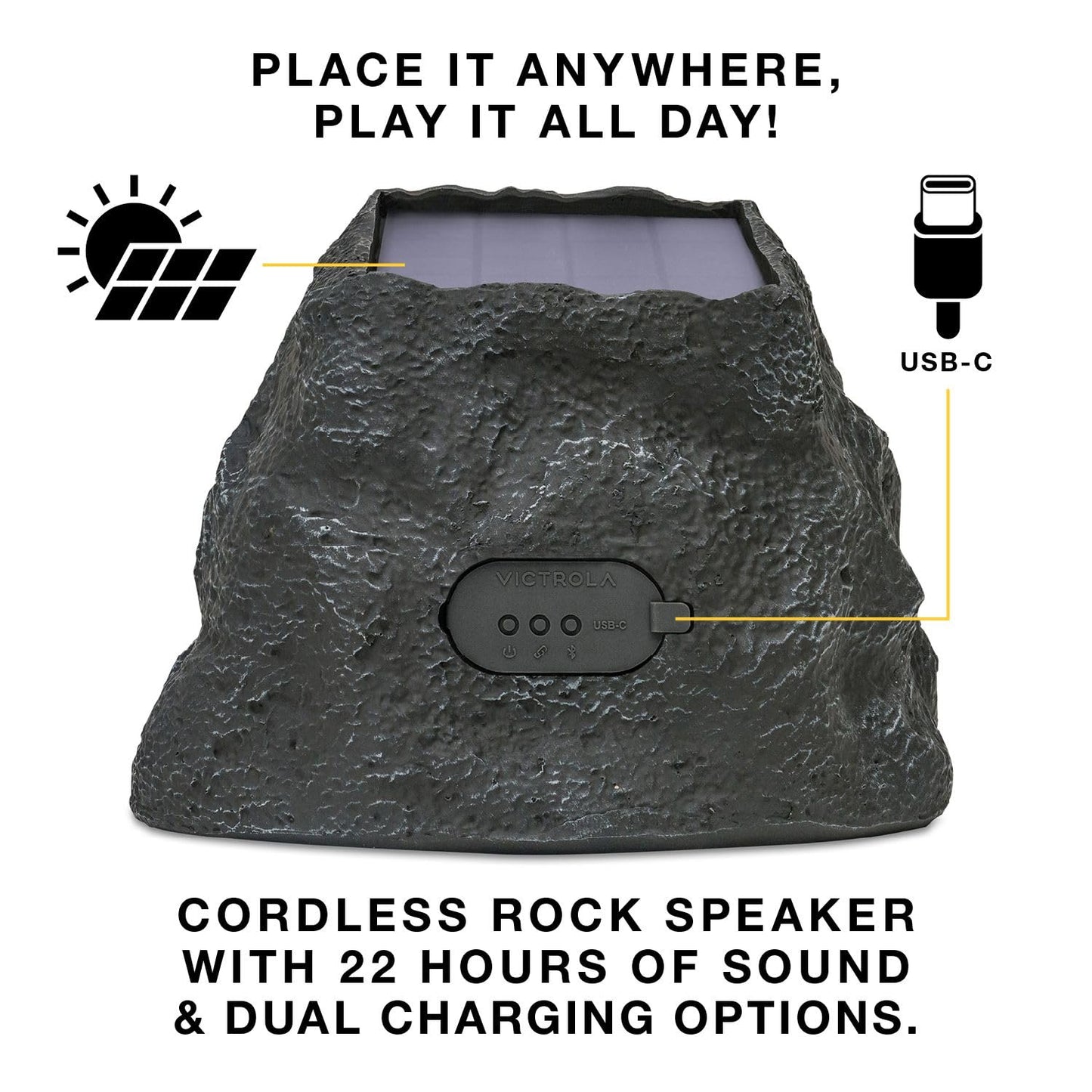 Victrola Rock Speaker Connect, Stone, Wireless Outdoor with Bluetooth 5.3, 22-Hour Battery Life, with Solar Charging, Link Up to 20 Rock Speakers, IP65 Water & Dust Resistant