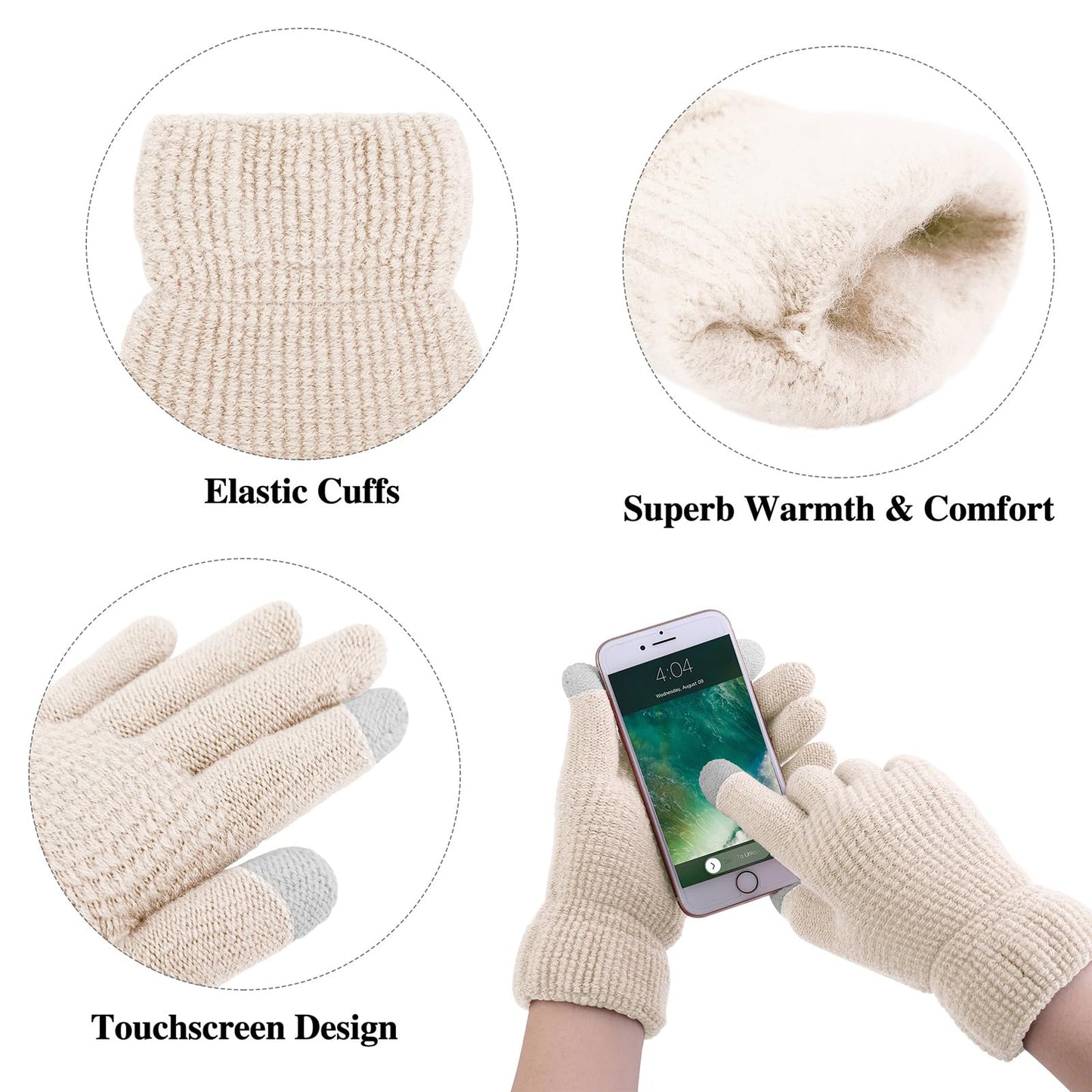 Aneco Womens Winter Warm Sets Knitted Fur Pompoms Beanie Hat Circle Loop Scarf Touch Screen Gloves Winter Favor Accessories