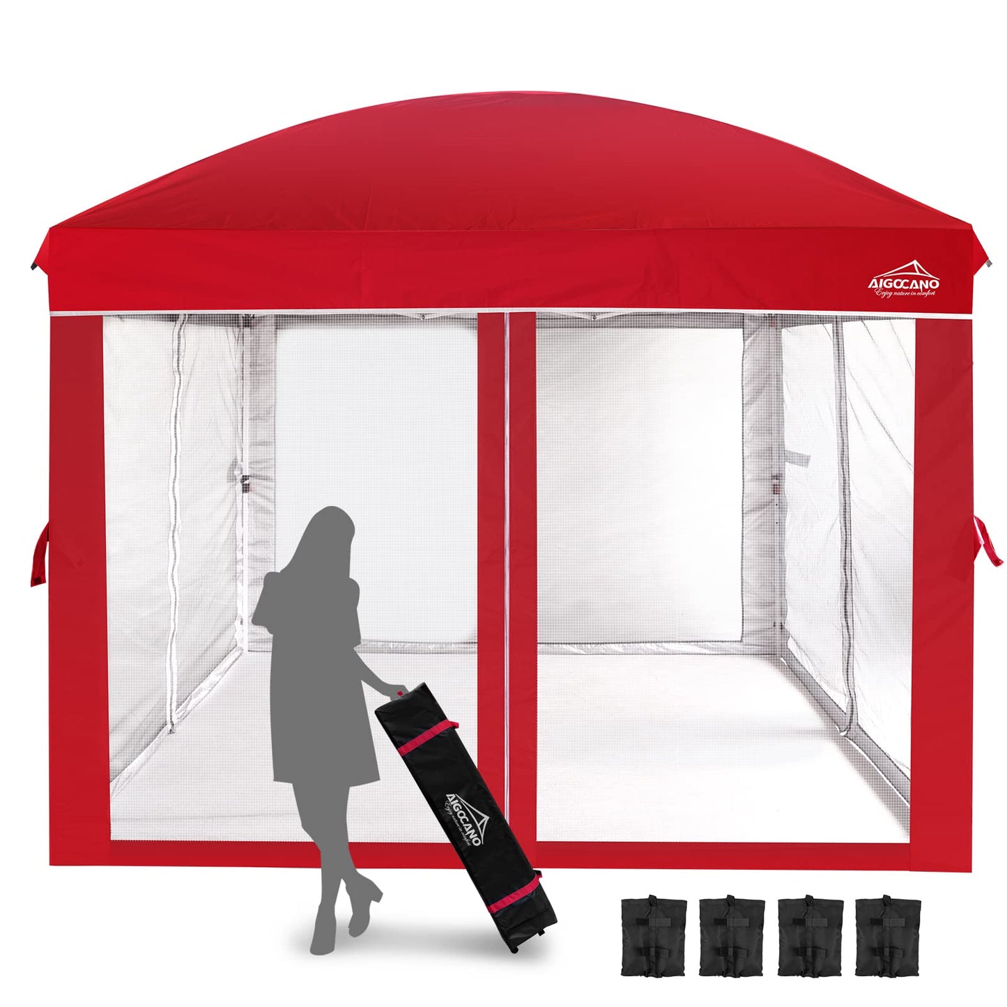 AIGOCANO Canopy Tent with Netting Screen,10x10 Easy Pop Up Gazebo for Outdoor Parties,Camping,Foldable Patio Gazebo with Roller Bag and 4 Sandbags (Red)