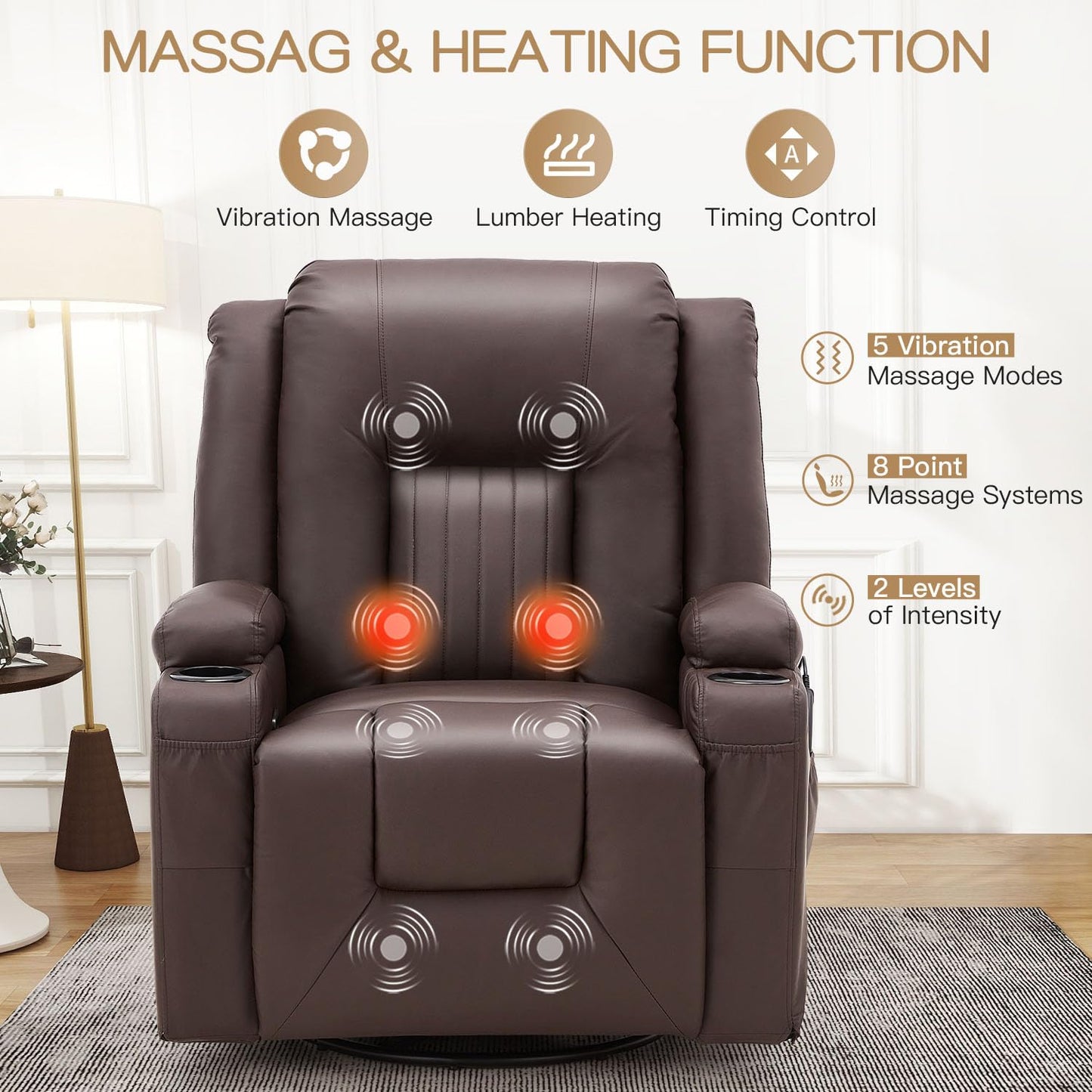 YODOLLA Massage Manual Recliner Chair with Heat, Leather Rocking Swivel Recliner Lazy Boy Recliner Chair w/ 2 Side Pockages, 2 Cup Holders for Living Room, RV, Brown
