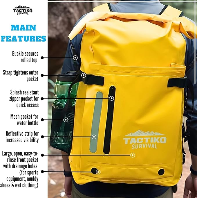 Tactiko 30L Heavy-Duty 100% Waterproof Backpack - Dry Roll-Top Floating Backpack - Rip-Stop Tarpaulin - Comfortable Padded Shoulders & Back - Waist Strap - Large Utility Pocket, Carabiner (Yellow)