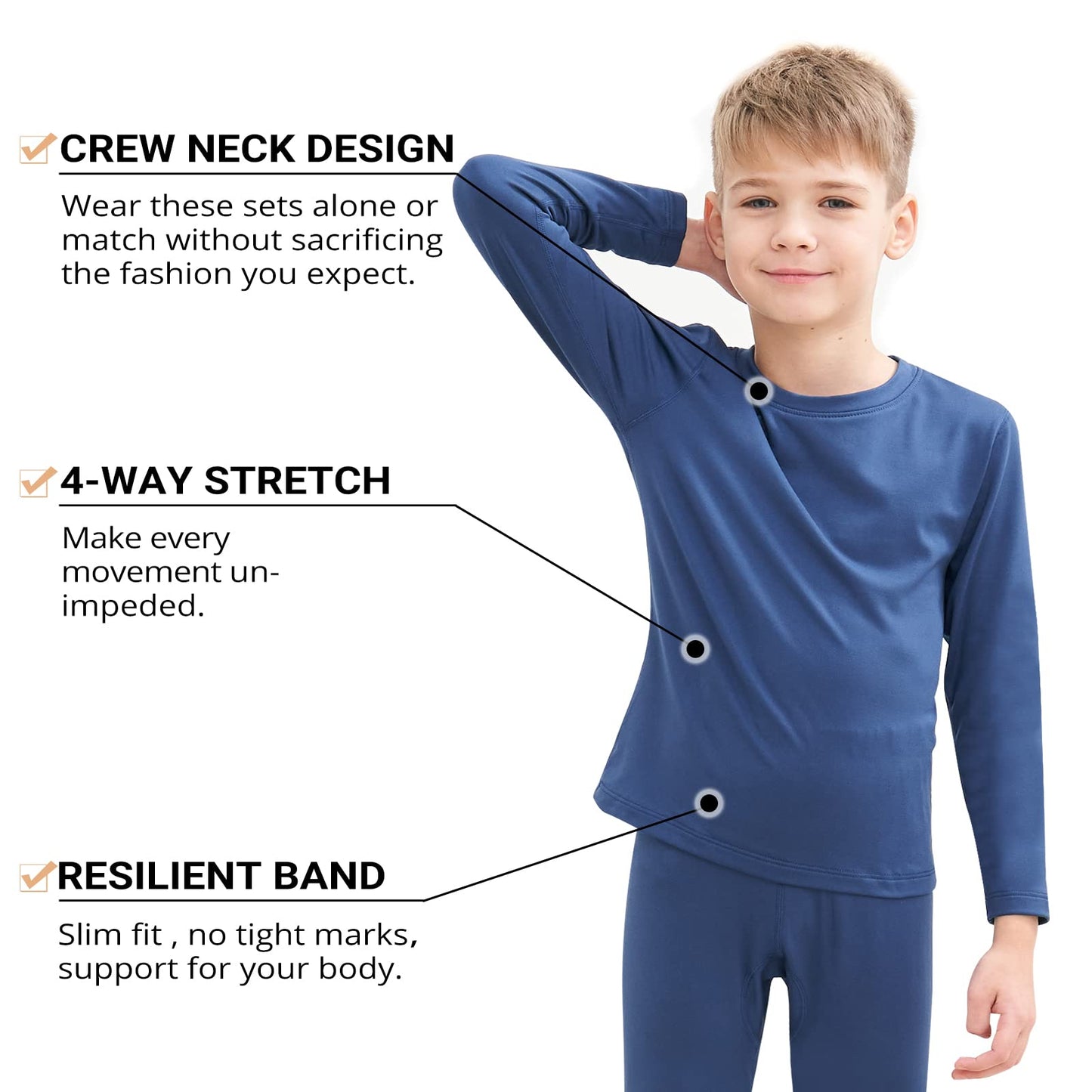 HEROBIKER Thermal Underwear Boys Ultra Soft Fleece Lined Kids Thermals Long Johns Top Bottom Warm Set for Winter Skiing Blue