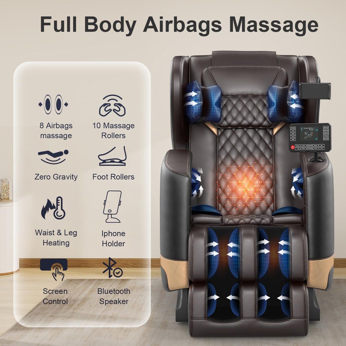 FURNIMAT 2025 Massage Chair Full Body, Zero Gravity Massage Chair with 10 Fix Rollers, Heating, Foot Massage, Auto Modes, Bluetooth Speaker, Touch Screen Controller (Black & Brown)