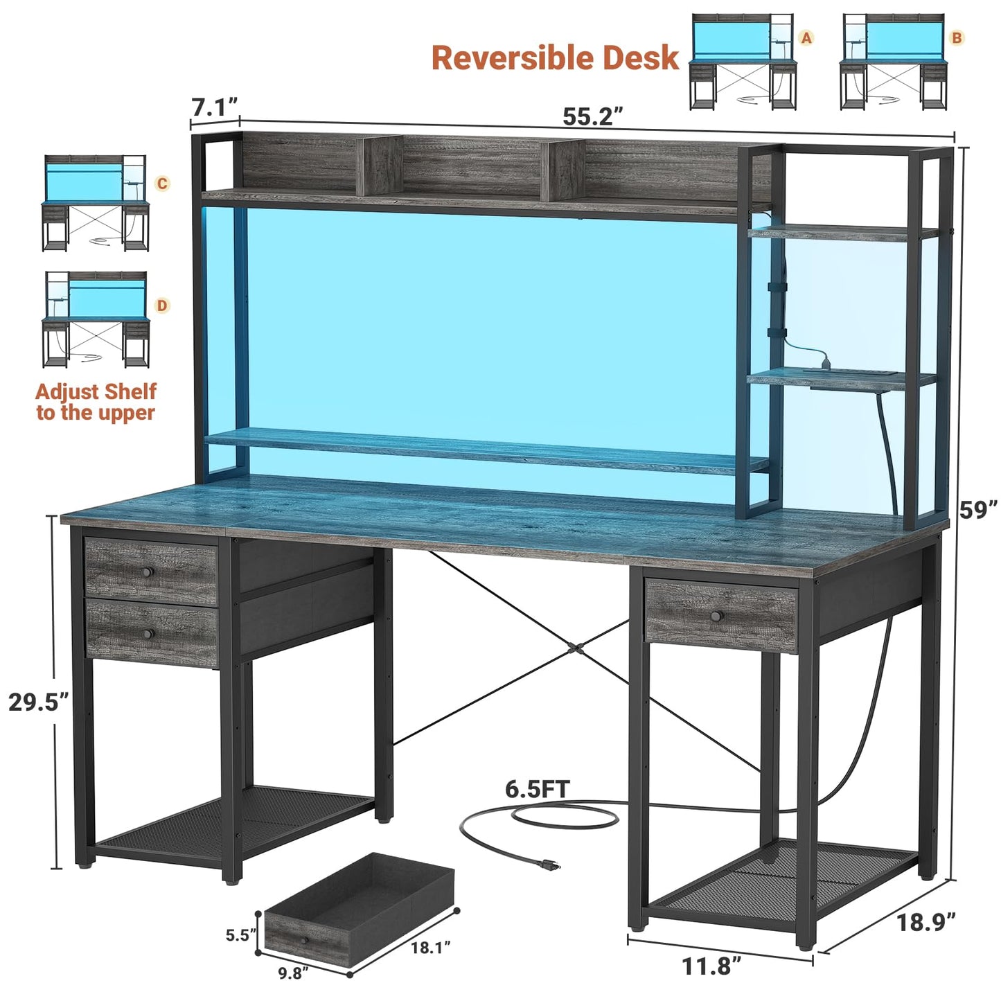 Aheaplus Gaming Desk With LED, Outlets, and Hutch - 55.2'' Computer Workstation With Drawers, Reversible Office Desk With Storage Bookshelf and Shelf - Large Home Desk, Black Oak