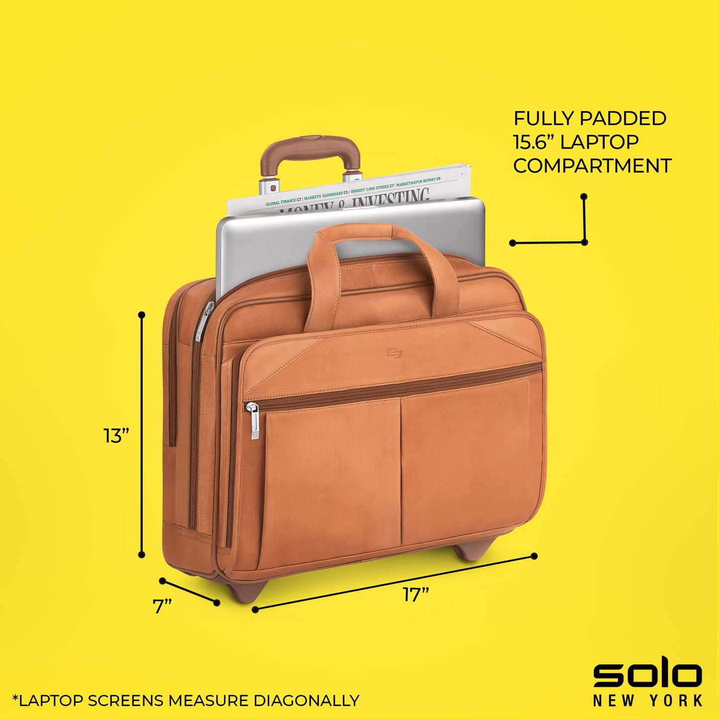 Solo New York Leather Rolling Case with Wheels - Roller Laptop Bag, Wheeled Briefcase for Women & Men, Carry On Size for Travel, Fits 15.6" Computer - Walker, Tan