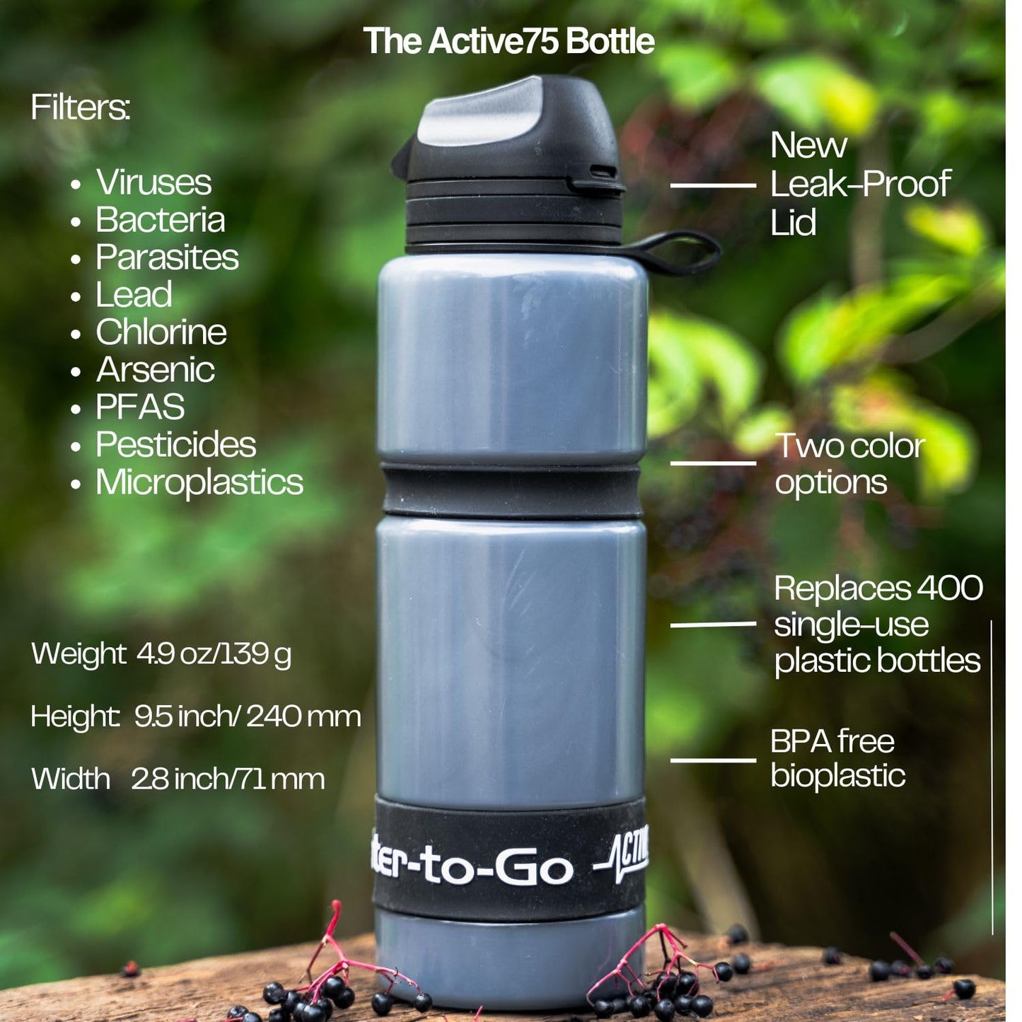 Water-to-Go Water Filter Bottle for Hiking Camping and Survival - 24oz/75cl Water Purifier Bottle for Safe Water Anywhere - Eco-Friendly Bioplastic, New Leak-Proof Lid, Filters Viruses