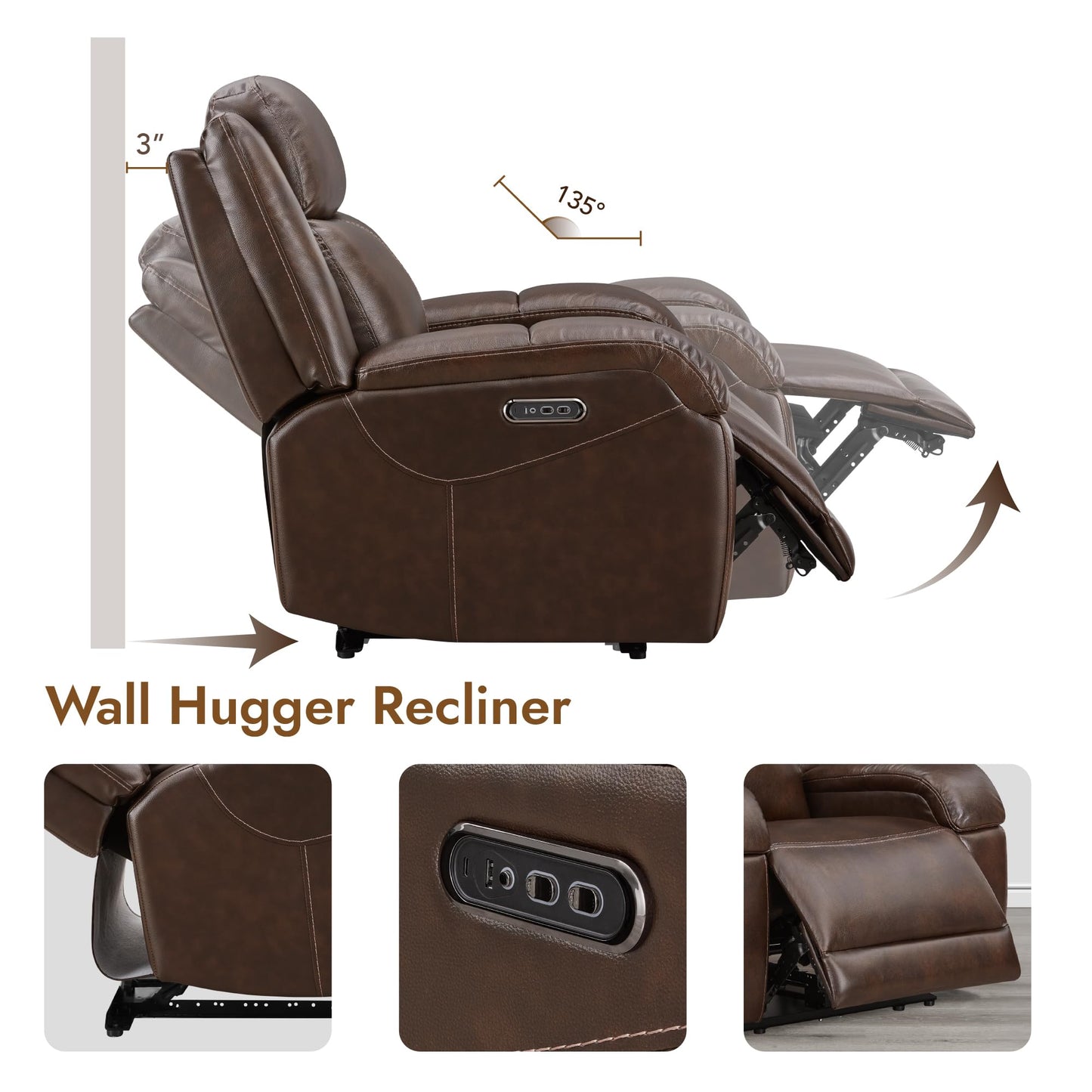 Watson & Whitely Genuine Leather Power Recliner Chairs for Adults, Wall Hugger RV Recliner with Power Headrest & Charging Ports, Electric Recliner Sofa Chair for Living Room, Dark Brown