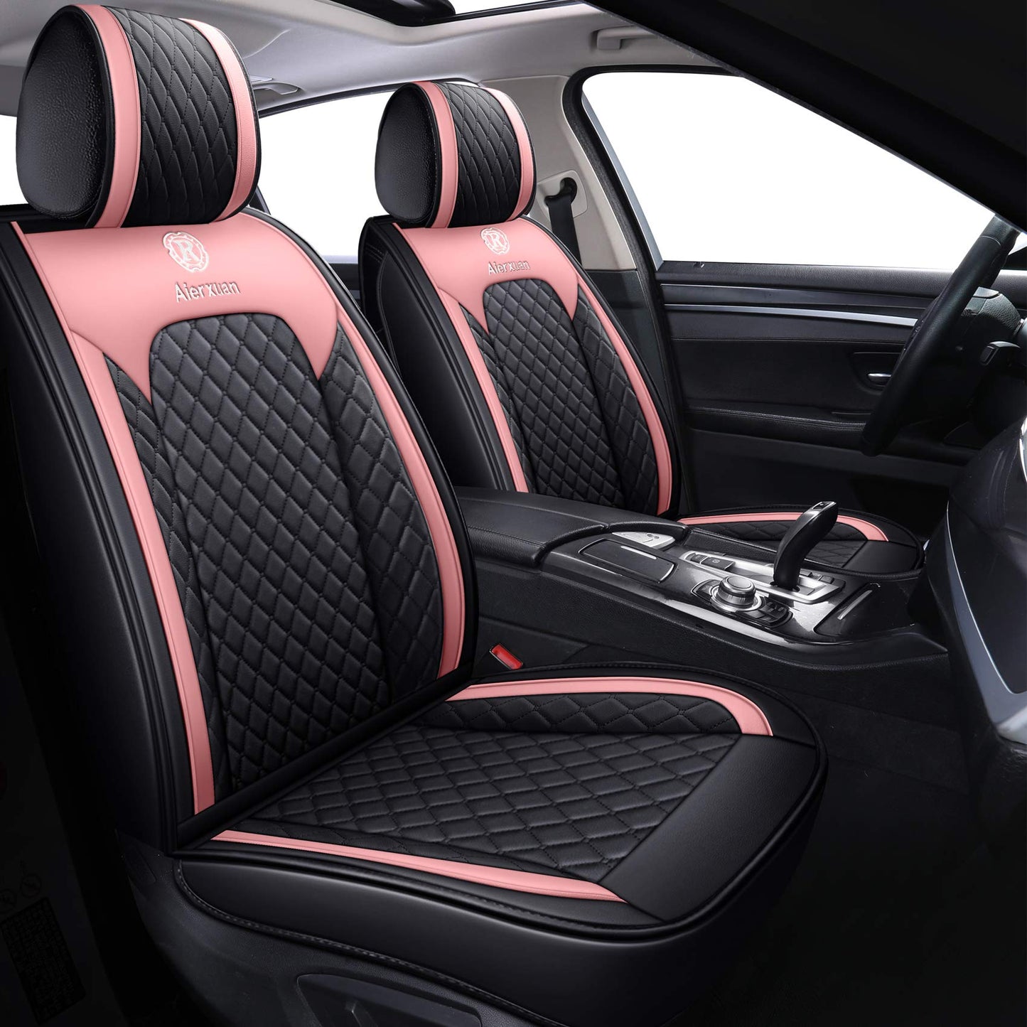 Aierxuan Car Seat Covers for Girls Women Ladies Waterproof Girly Seat Cushion Universal for CRV Acura Hyundai Altima Corolla Wrangler Focus Edge Escape Raider (Full Set, Black-Pink)