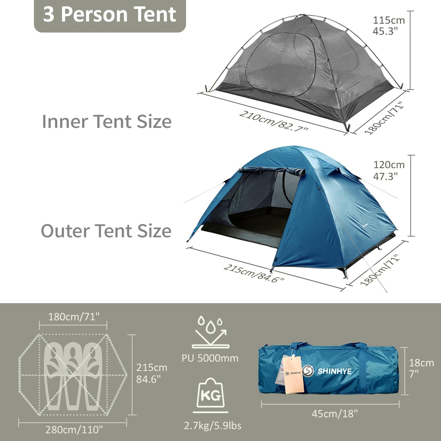 Backpacking Tent for Camping 2/3/4 Person Hiking Ultralight Tent for Waterproof Windproof Outdoor Tents Easy Setup Two Doors Double Layer Lightweight Instant Tents (Blue, 3 Person)