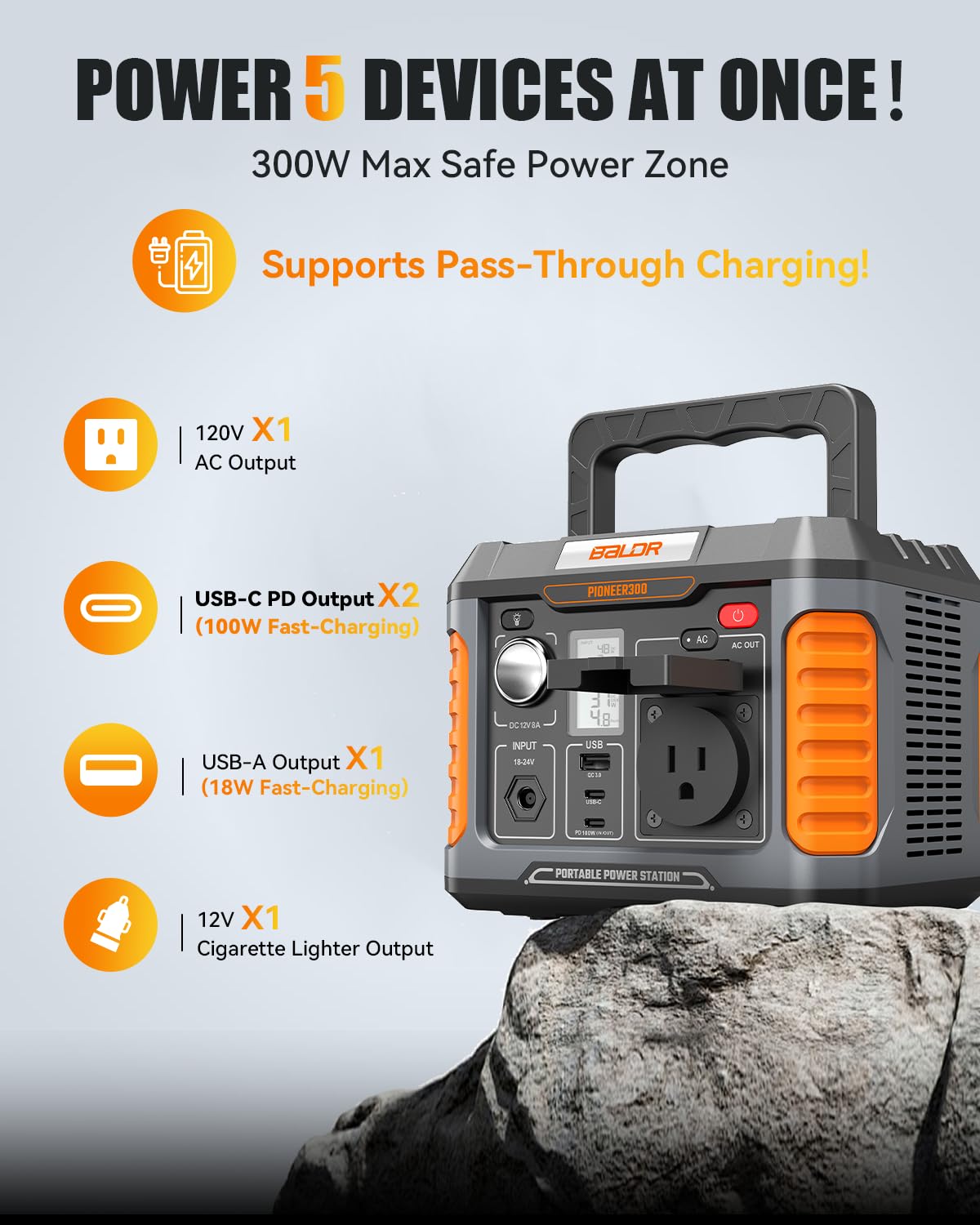 BALDR Portable Power Station 300W, 231Wh Solar Generator Backup Lithium Battery Power Supply, 120V Pure Sine Wave AC Outlet, QC 3.0, Type C Input/Output, for Home Camping Emergency…