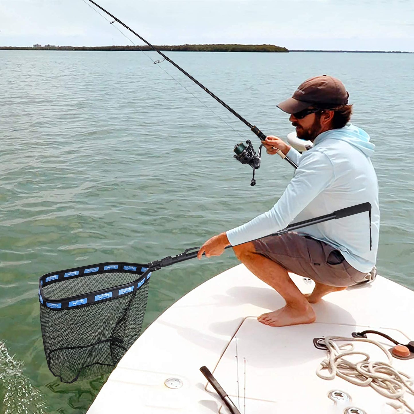 PLUSINNO Floating Fishing Net for Steelhead, Salmon, Fly, Kayak, Catfish, Bass, Trout Fishing, Rubber Coated Landing Net for Easy (19.7"/50cm Hoop Size Length 1.35M Blue (Telescopic Pole))