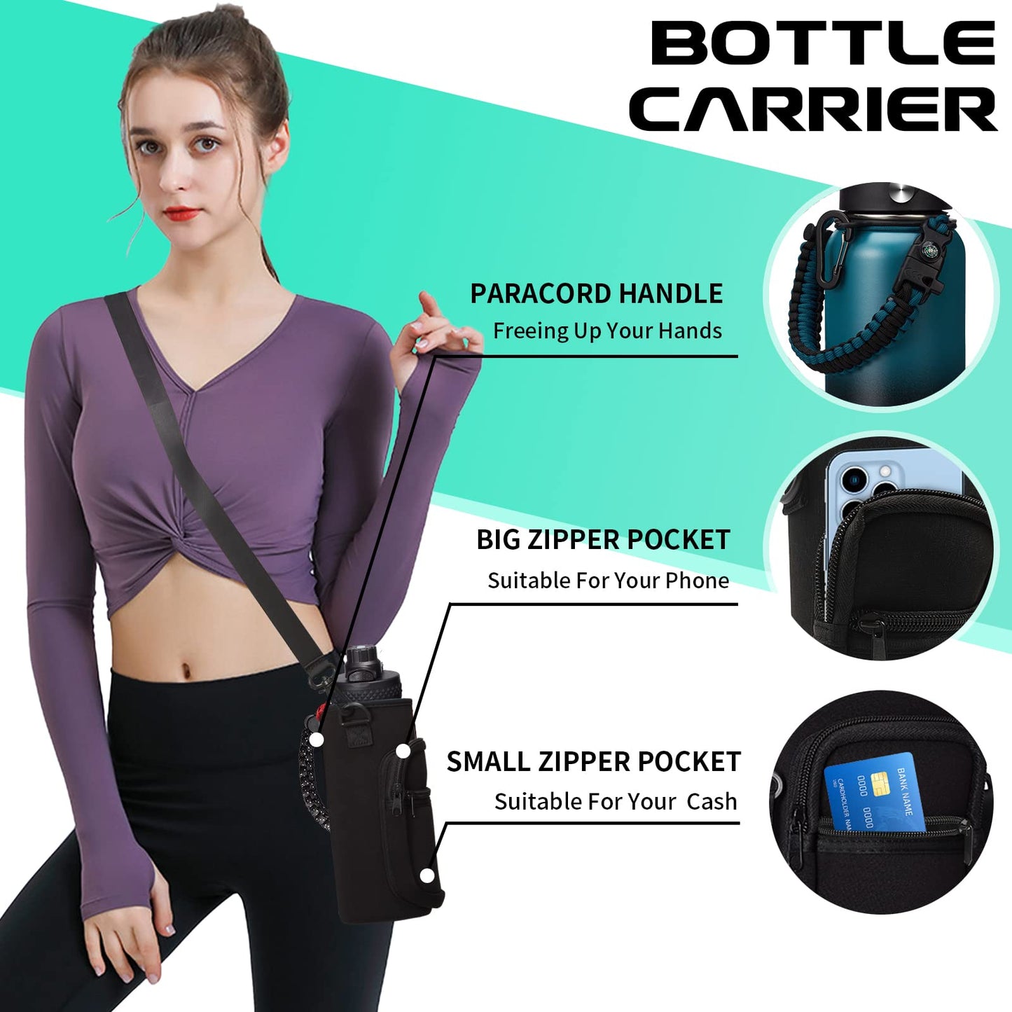 Vacuum Insulated Water Bottle 32oz - with Straw & Spout Lids, Paracord Handle, Shoulder Carrier Bag, Large Sport Stainless Steel Water Bottle, Double-wall Metal Water Bottle Thermal Hydro Mug Flask