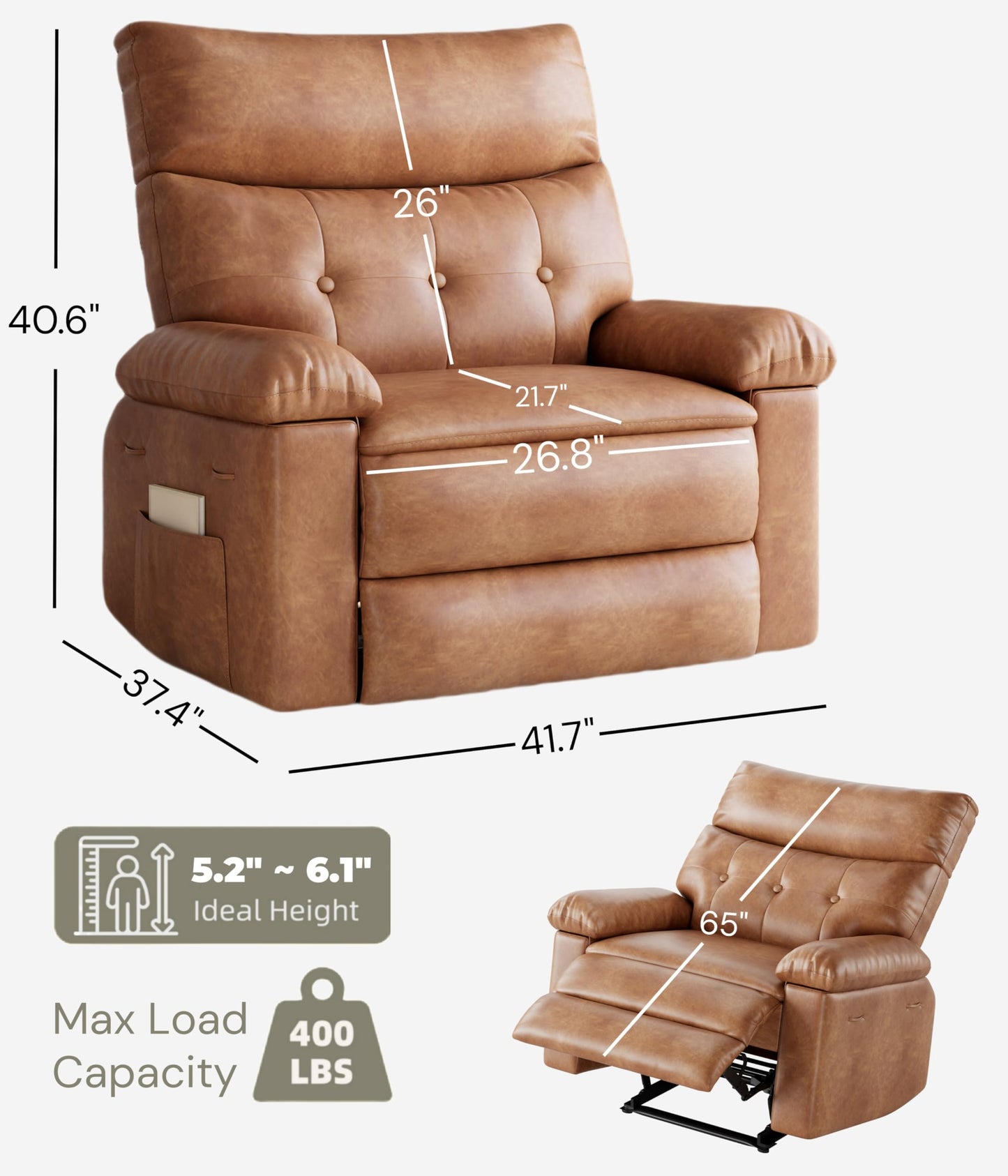 GarveeHome Oversized Wide Recliner Chair - Heat and Massage, Faux PU Leather Large Manual Recliner for Adults, Lazy Chair with 1.5X Sponge Comfort Arm and Back for Living Room, Bedroom