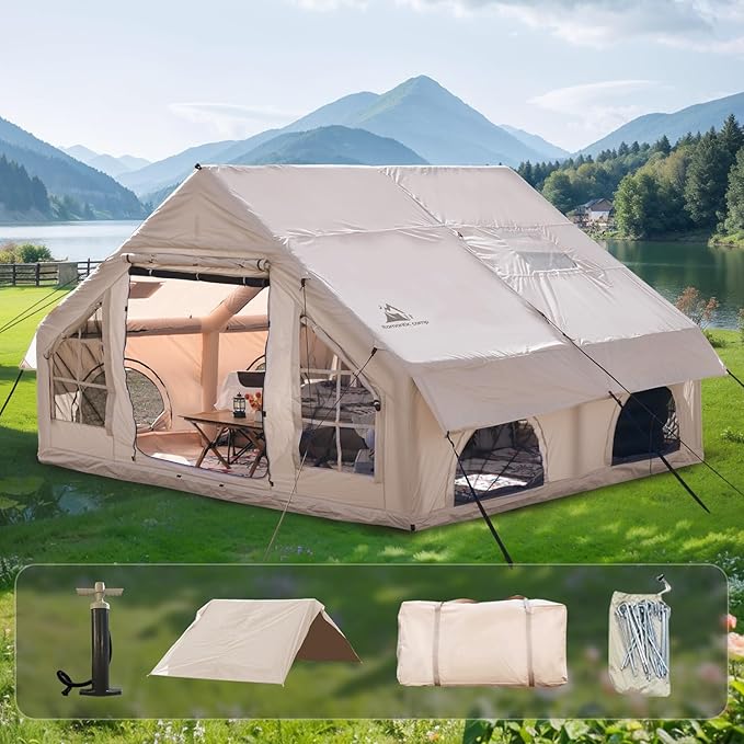 Inflatable Camping Tent with Pump,4-6 Person Waterproof Blow Up Air Tent for Camping Hiking,Easy to Set Up 4-Season Inflatable House Tent with Oversized Canopy.