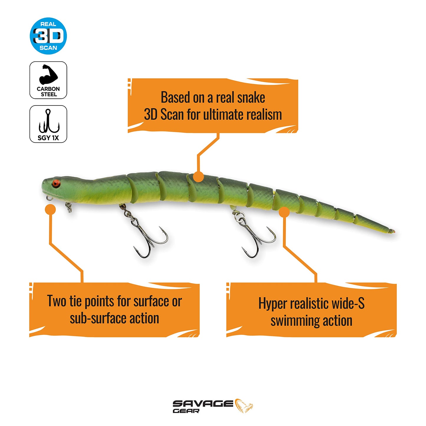 Savage Gear 3D Wake Snake Fishing Bait, 2 oz, Green Snake, Realistic Contours, Colors & Movement, Durable Construction, Versatile Rigging Options, Dual Treble Hook Configuration