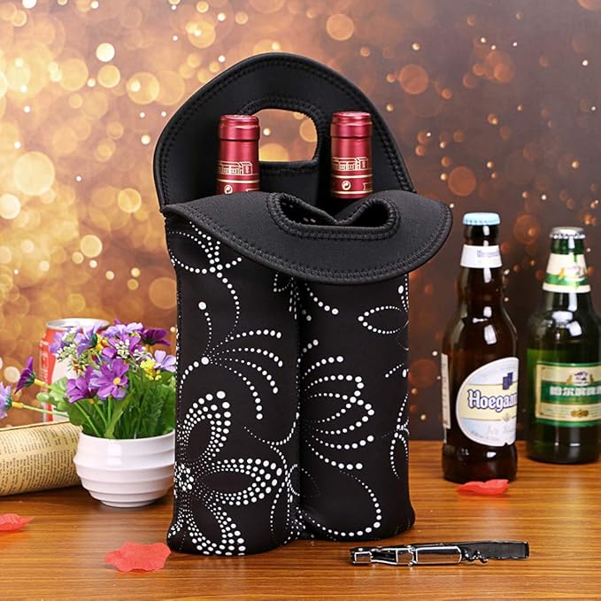 Hipiwe Wine Carrier Tote Bag Two Bottle Insulated Neoprene Wine/Water Bottle Holder for Travel with Secure Carry Handle (Black)
