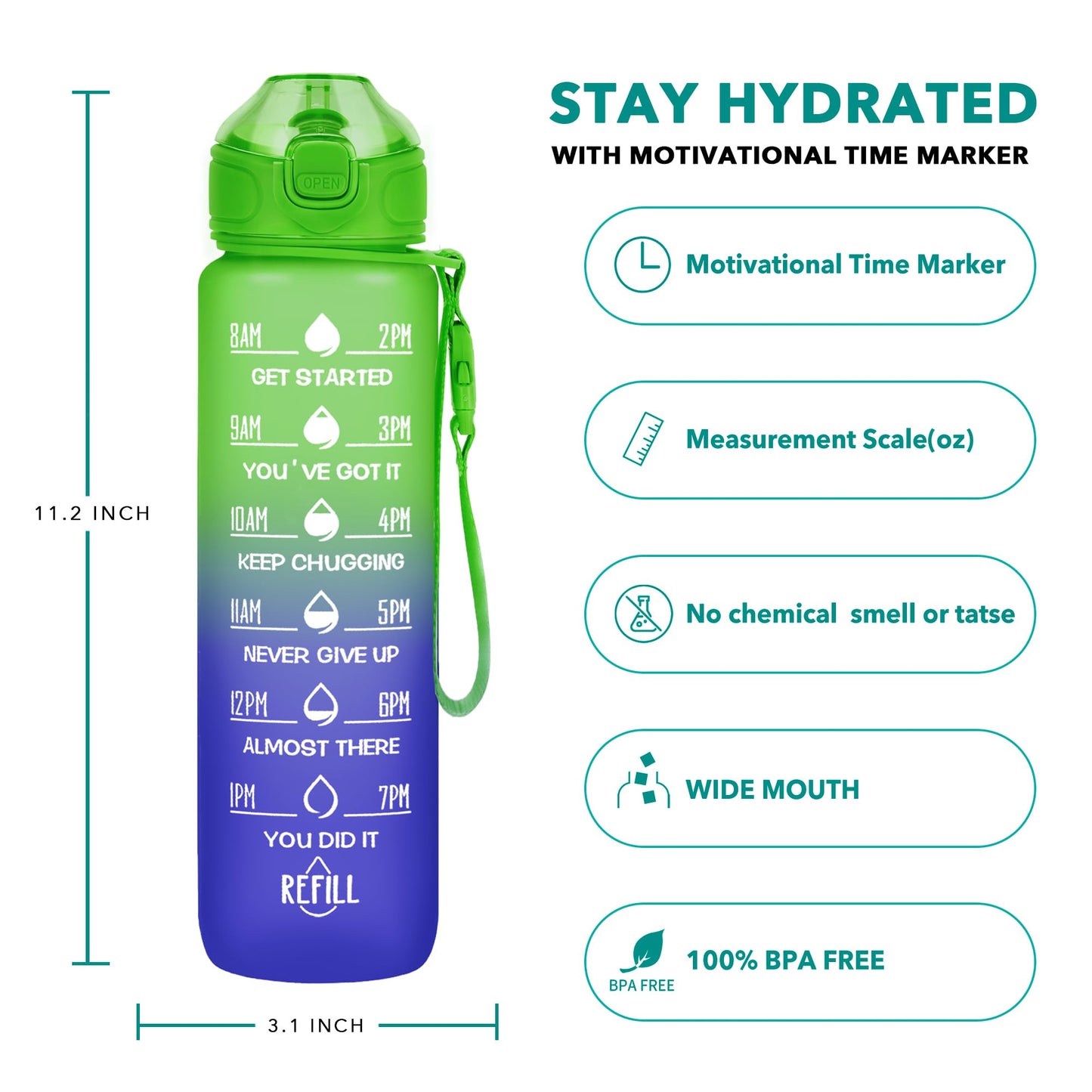 Enerbone 32 oz Drinking Water Bottle with Times to Drink and Straw, Motivational with Carrying Strap, Leakproof BPA & Toxic Free, Ensure You Drink Enough Water for Fitness Gym Outdoor