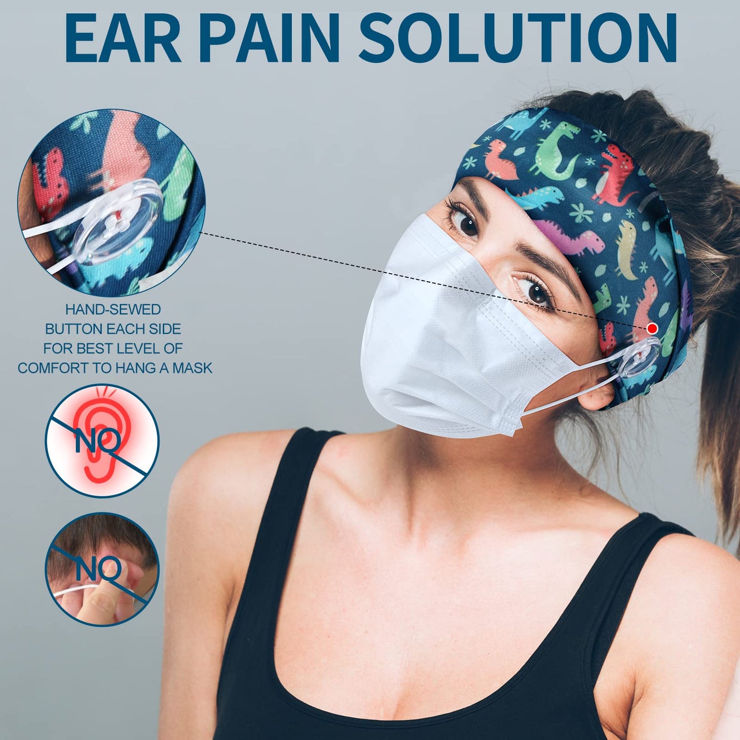 8 Pieces Nursing Headbands with Buttons for Nurses Doctors Women Face Covering Ear Protection Holder Non Slip Elastic Hair Bands Wide Head Wraps for Spa Yoga Sports Workout (Classic Patterns)