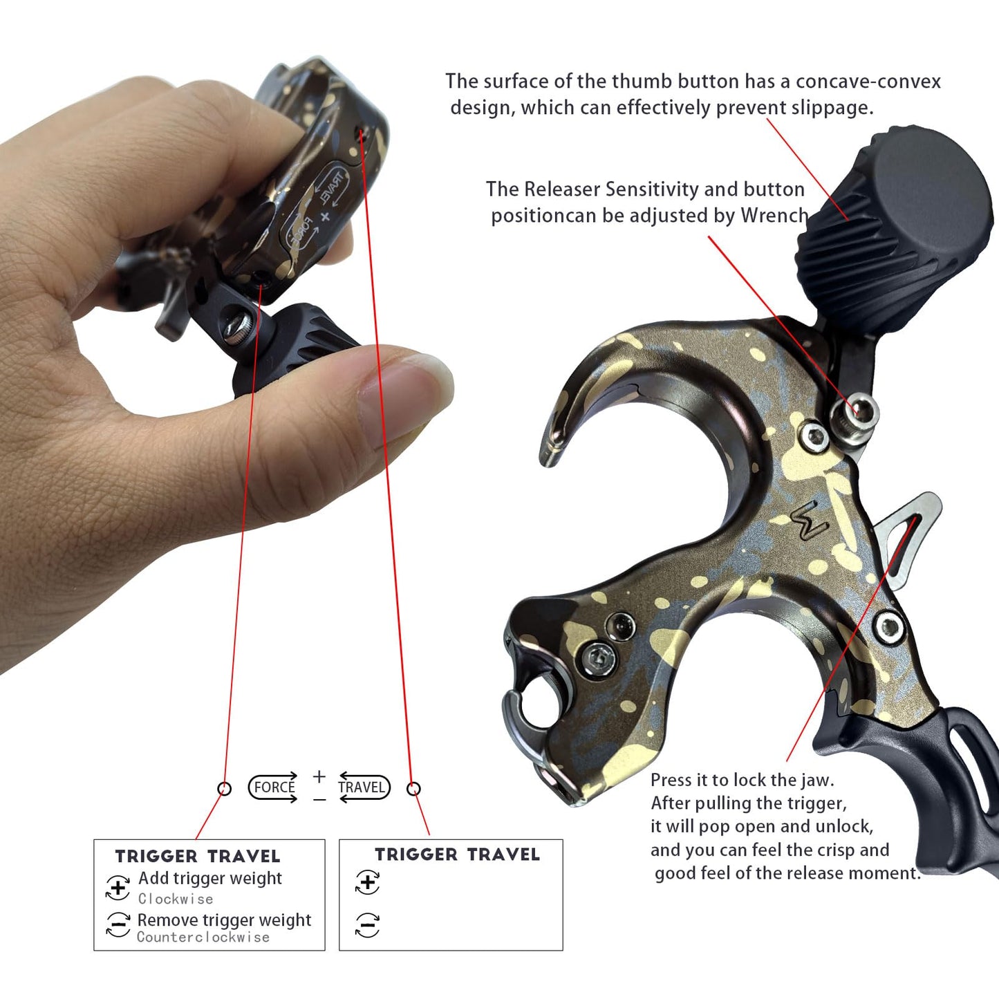 Compound Bow Aid Releaser with Wrist Straps and Adjustment Tool,Archery Release Aids with 3&4 Thumb Release Adjustable,Aluminum Alloy Aids.for left and right Handers. (camouflage)