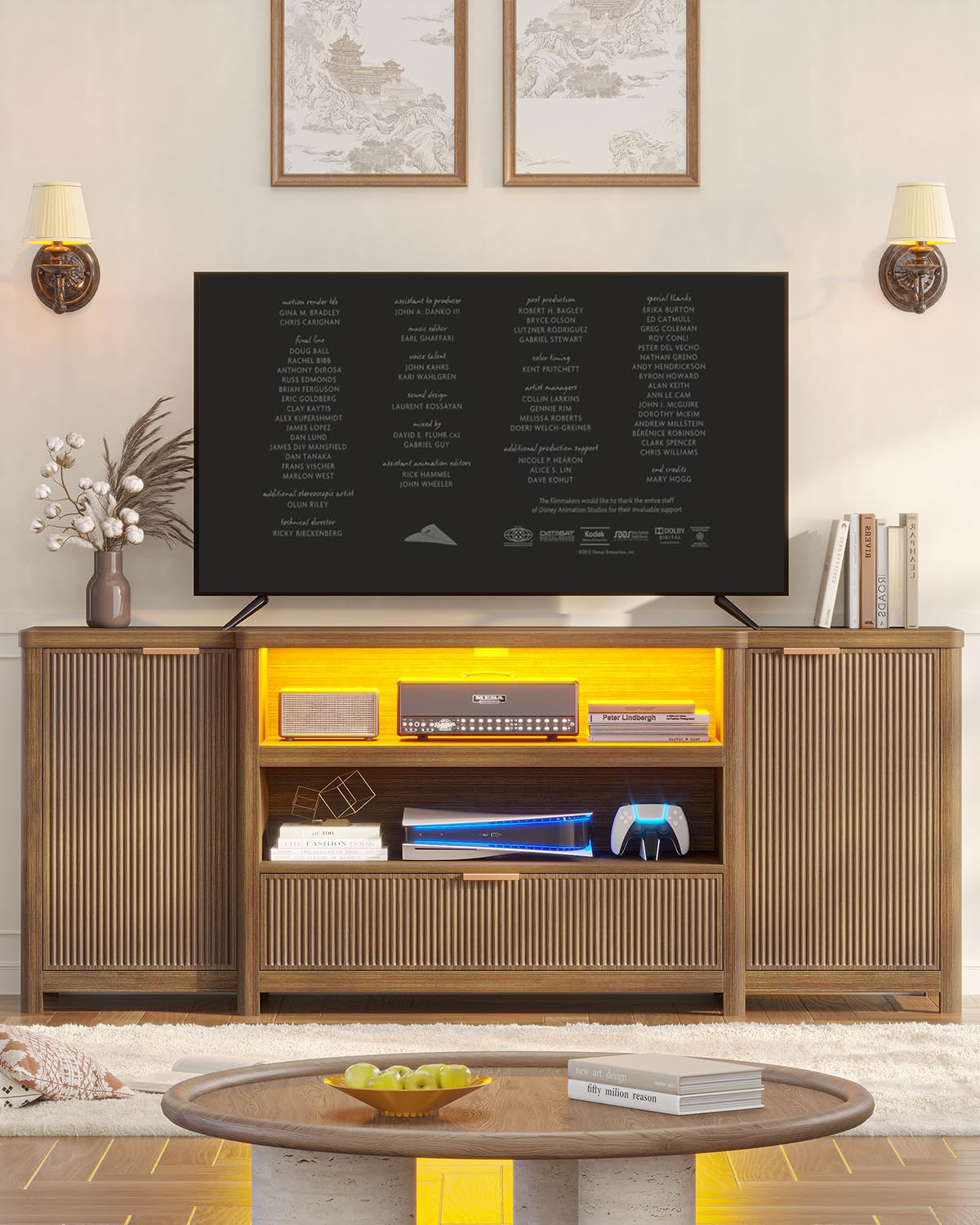 AOGLLATI Fluted TV Stand for Living Room, 71” Heavy-Duty TV Console Cabinet with Storage and Shelf, Mid Century Modern Television Stands with Drawers for 60/65/70/75/80 TV, Wood (Wood)