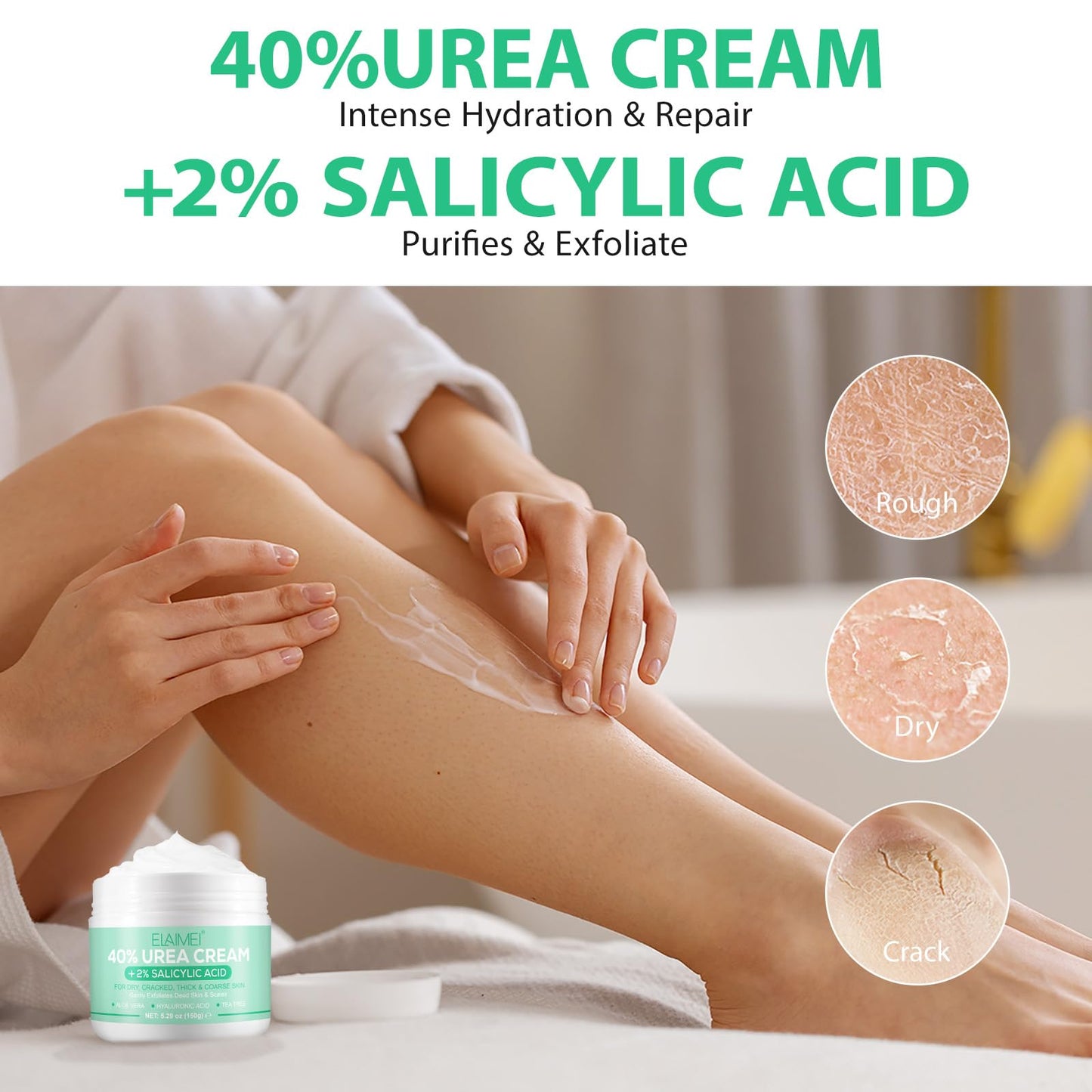 Urea Cream 40 Percent for Feet Maximum Strength,40% Urea Cream Plus 2% Salicylic Acid,Foot Cream and Hand Cream with Tea Tree,and Aloe Vera(5.29 OZ/150g/2pack)