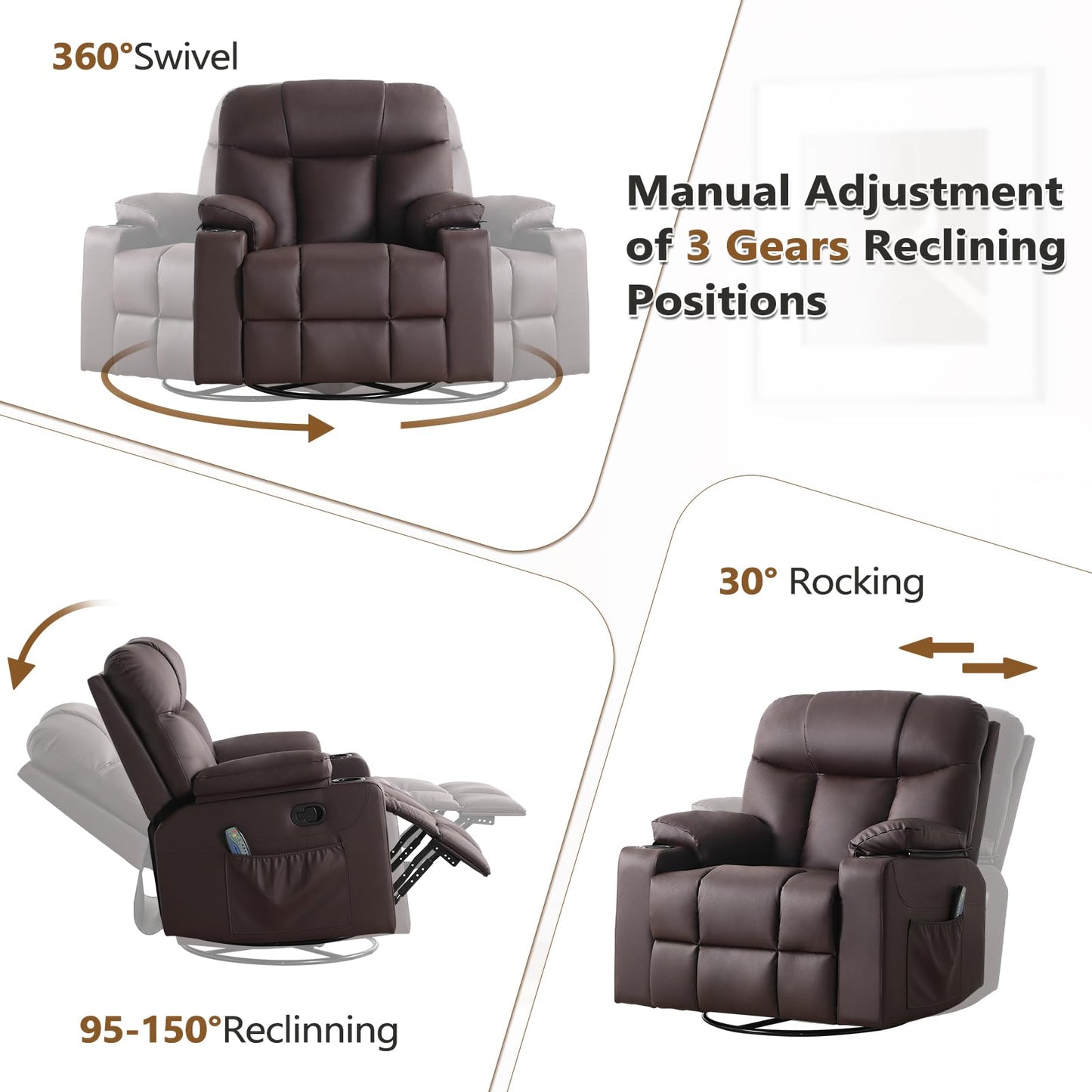 ANJ Swivel Rocker Recliner Chair Set of 2, Brown PU Leather, Manual 3-Position Reclining with Massage & Heat, Cup Holders for Living Room