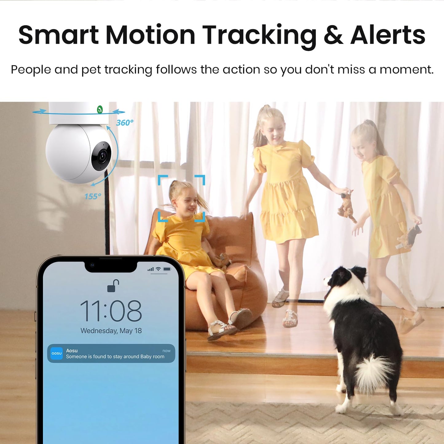 AOSU 4MP Security Camera Indoor, 2.5K Baby Monitor Pet Camera 360° for Home Security, WiFi Camera with 5/2.4 GHz Wi-Fi, One-Touch Call, Smart Motion Tracking, IR Night Vision, Compatible with Alexa