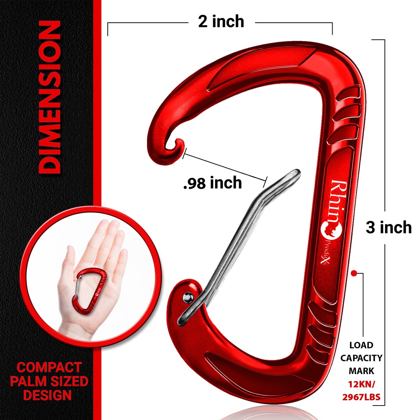 RHINO Produxs 4PCS of 12kN Heavy Duty Lightweight Wiregate Snap Carabiner Clips - Excellent for Securing Pets, Outdoor, Camping, Hiking, Hammock, Dog Leash Harness, Keychains, Water Bottle