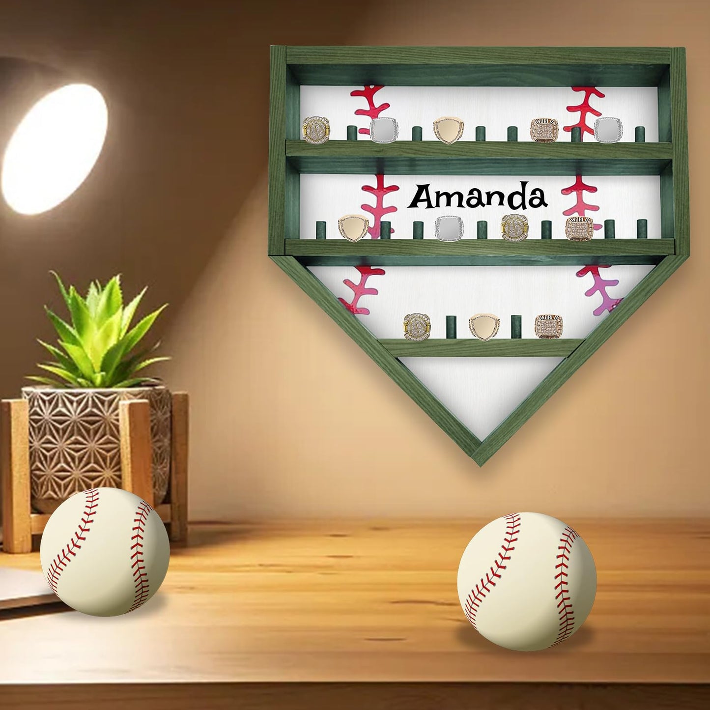 Personalized Baseball Ring Display Case Custom Name Number Wood Baseball Championship Ring Display Case Stand, Softball Ring Holder Display Wall Mount, Trophy & Medal Gift for Men Dad