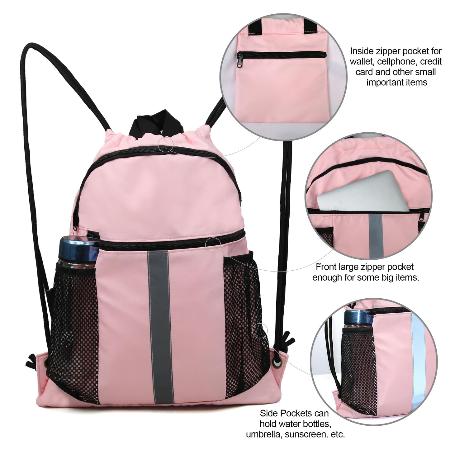 BeeGreen Pink Drawstring Backpack Bag with Shoe Compartment X-Large Gym Sports String Cinch Sackpack with Front Inside Zipper Pockets 75D