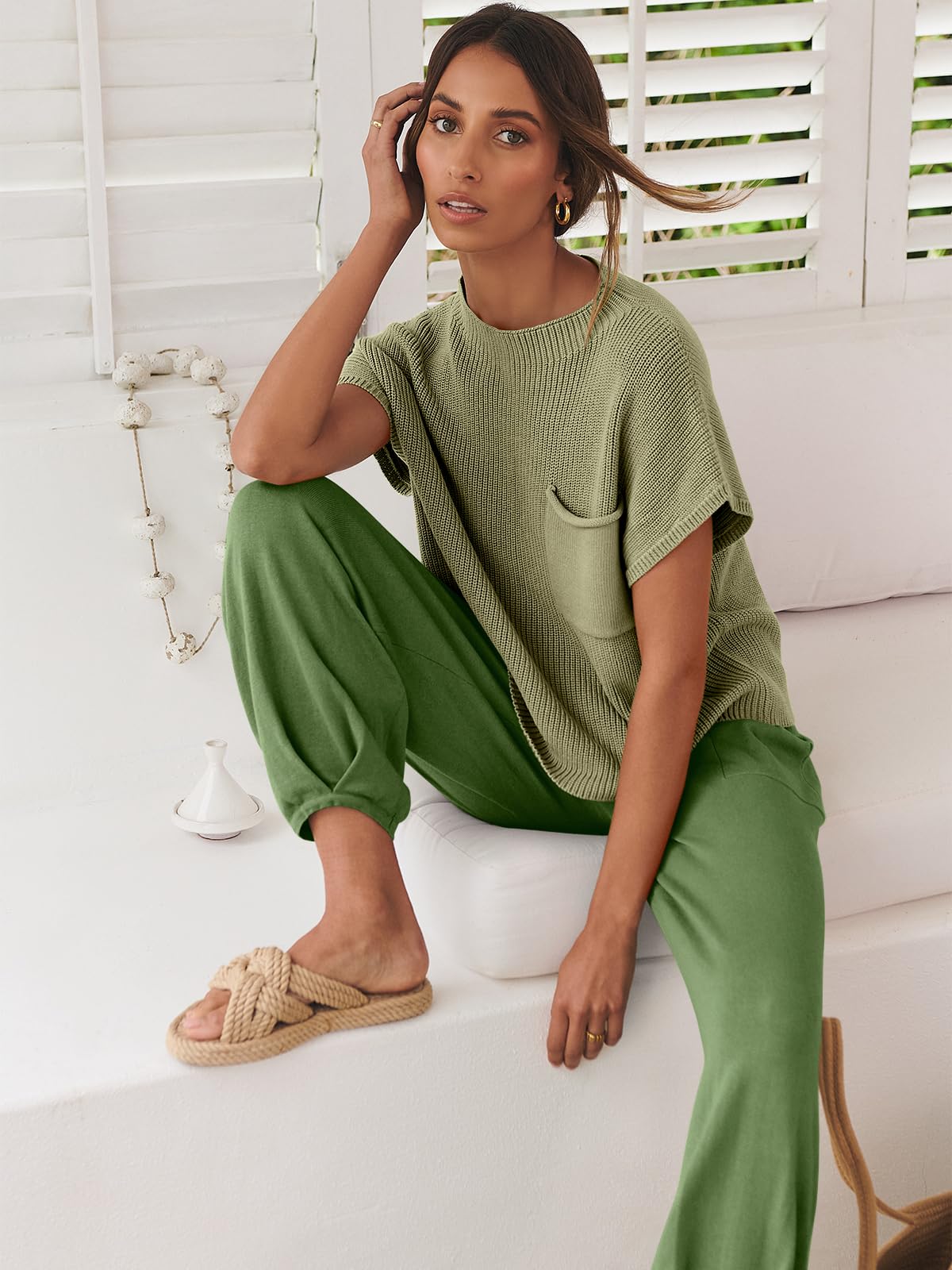 ANRABESS Women's Two Piece Outfits Knit Sweater Pullover Crop Top & Pants Lounge Matching Tracksuit Sweatsuit Sets 2024 Trendy Loungewear Clothes Grass X-Small