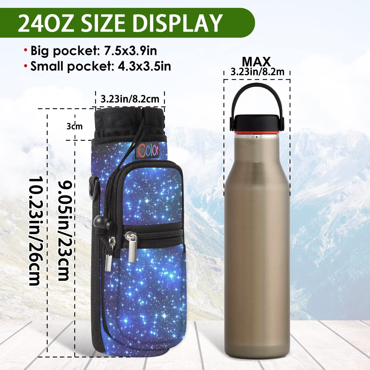 icolor Water Bottle Carrier Bag Holder 25/32/40/64oz,Adjustable Padded Shoulder & Handle Strap Sports Sling Hiking Pack,Insulated Neoprene Wide Mouth Bottle Sleeve