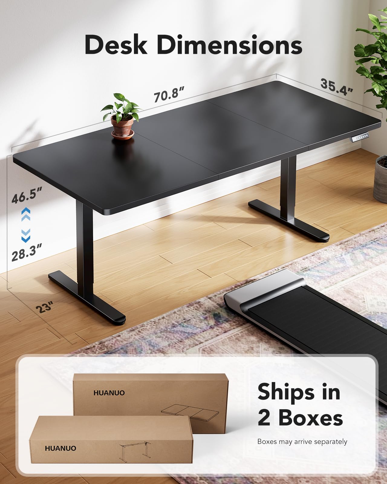 HUANUO Electric Standing Desk, 71 x 35 inch Large Height Adjustable Table, Powerful Brushless Motor, 4 Memory Preset, Sit Stand Up Desk, Home Office Computer Table with Thick T-Shaped Frame