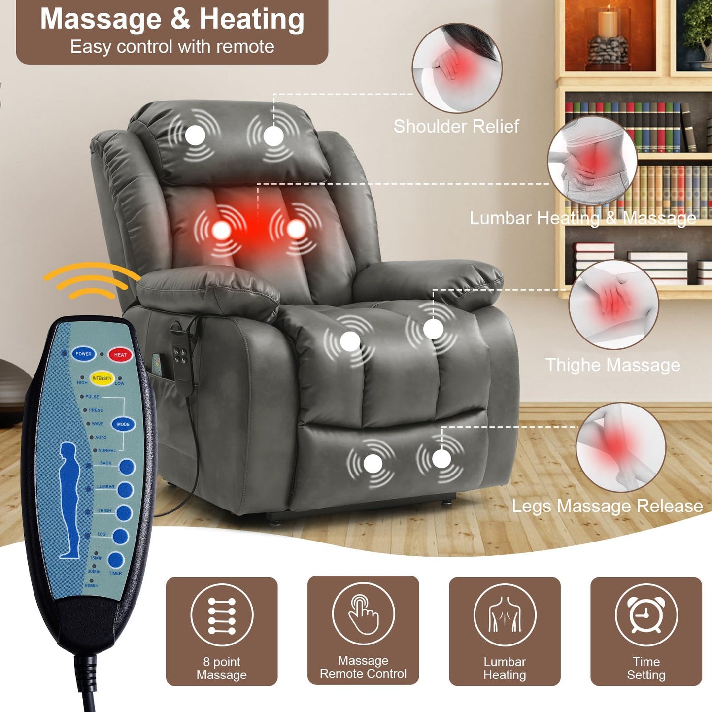 MEROUS Dual Motor Large Power Lift Recliner Chair for Elderly with Heat and Massage,Lay Flat Lift Chairs Recliners for Seniors Infinite Position,USB Port&Remote,Genuine Leather(Silver Grey)