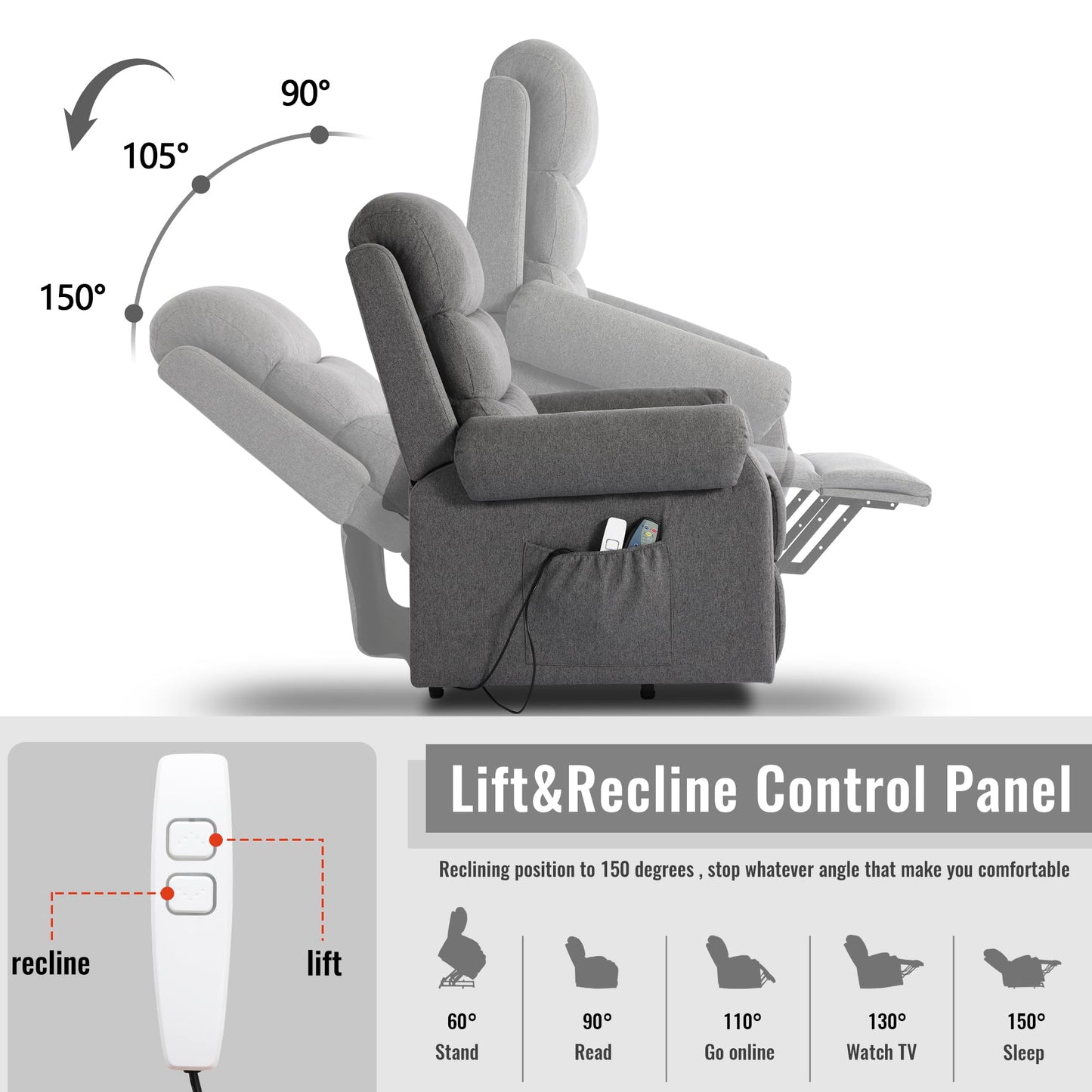 LOUVIXA Power Lift Recliner Chair Recliners for Elderly with Heat and Massage Recliner Chair for Living Room with Infinite Position and Side Pocket, USB Charge Port (Modern Grey)