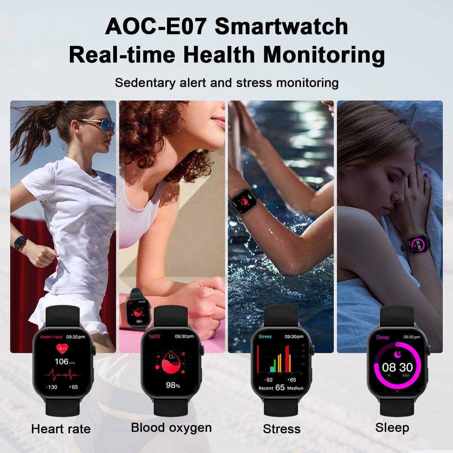 AOC E07 Smartwatch 1.96 Amoled HD Touchscreen, Bluetooth Call, AI Voice Assistant, Heart Rate & Sleep Tracking Monitor, Fitness Watch, IP67 Waterproof 100+ Sports Modes for Men & Women Black