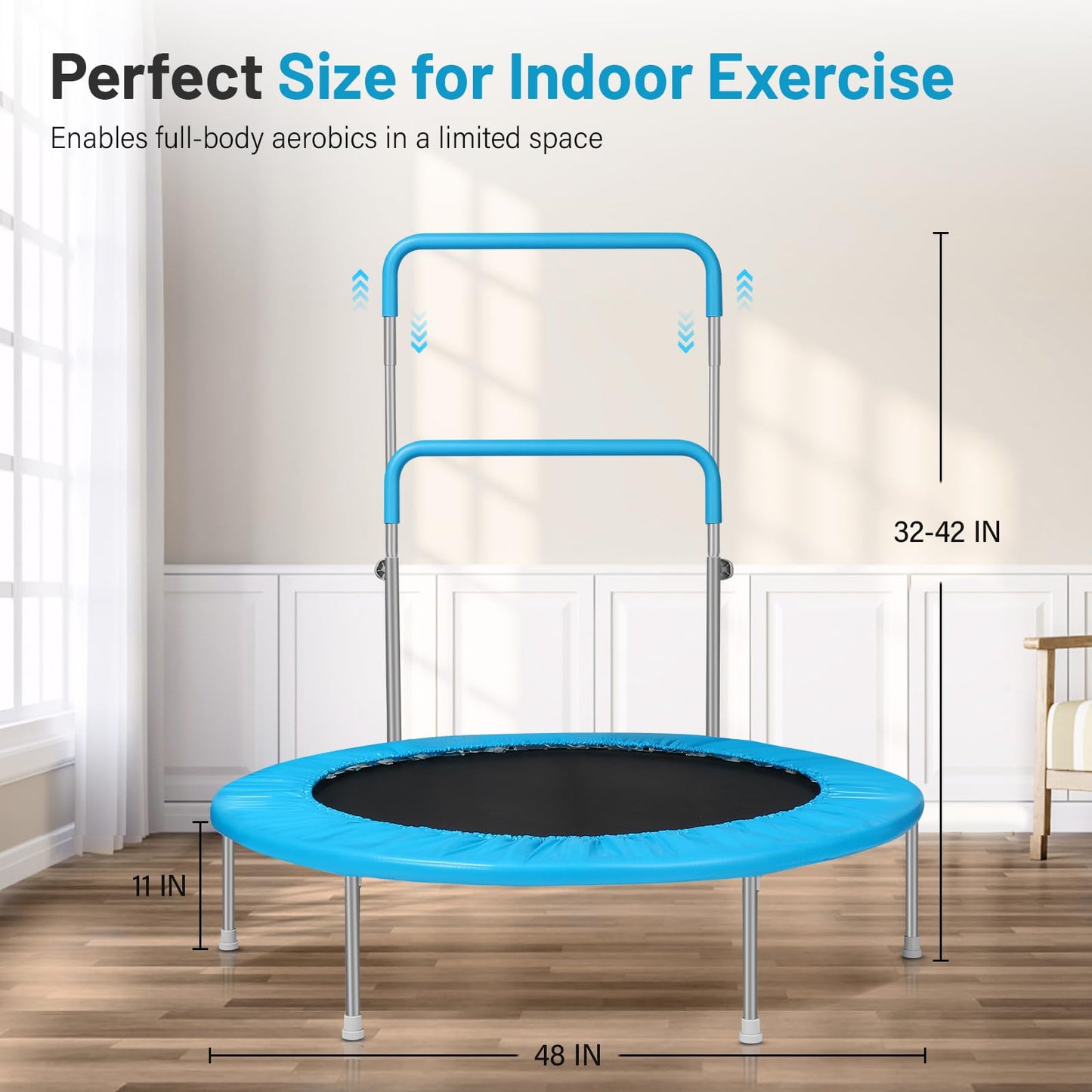 Lyromix 48Inch Rebounder Trampoline for Adults with Adjustable Bar, Mini Fitness Trampoline for Adults and Kids, Small Exercise Trampoline with Handle for Indoor Outdoor Workout, Blue