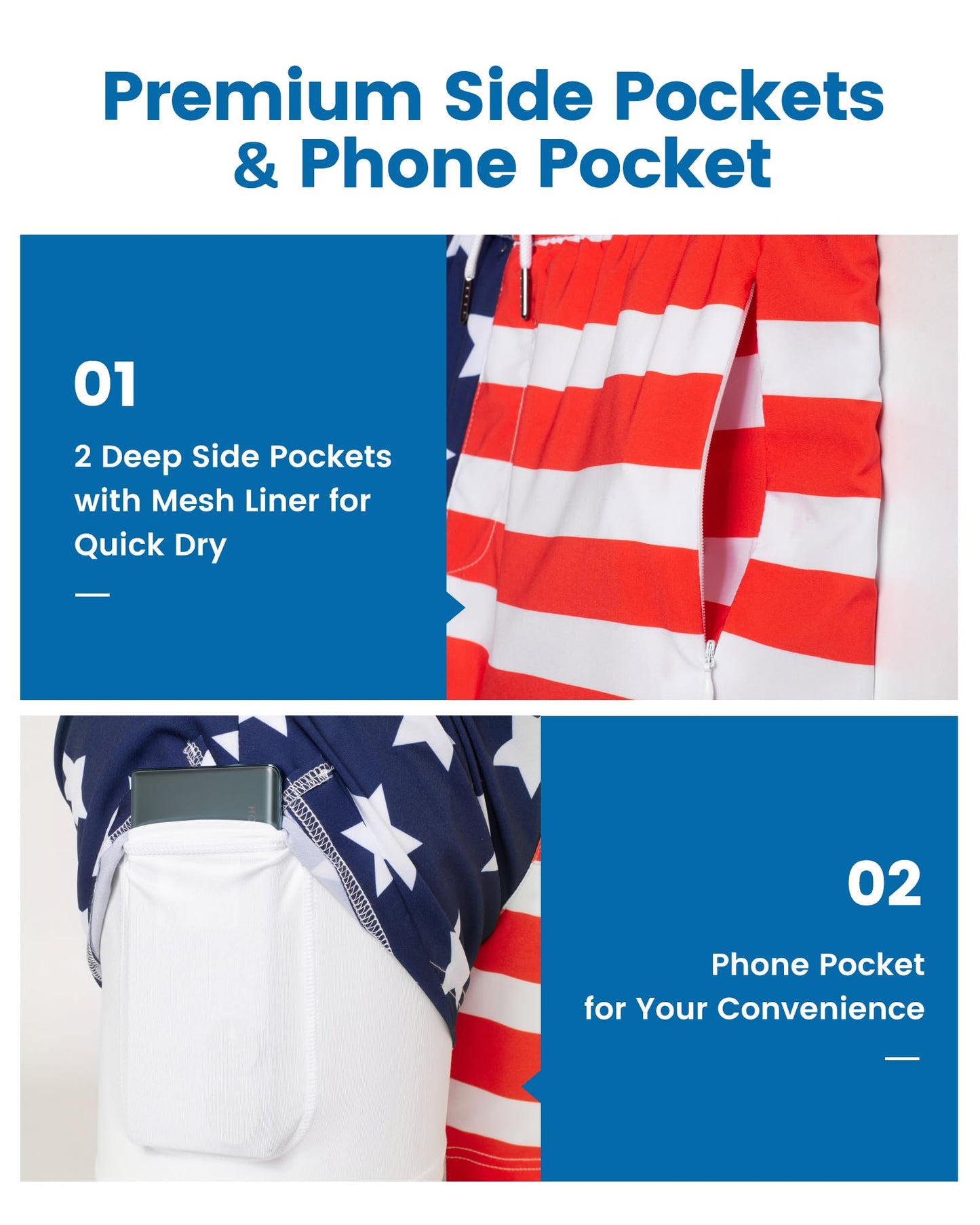 maamgic Mens Swim Trunks with Compression Liner 5" Stretch Athletic Swimming shorts Quick Dry with Zipper Pockets No-Chafing Board Shorts Half-Half American Flag XS