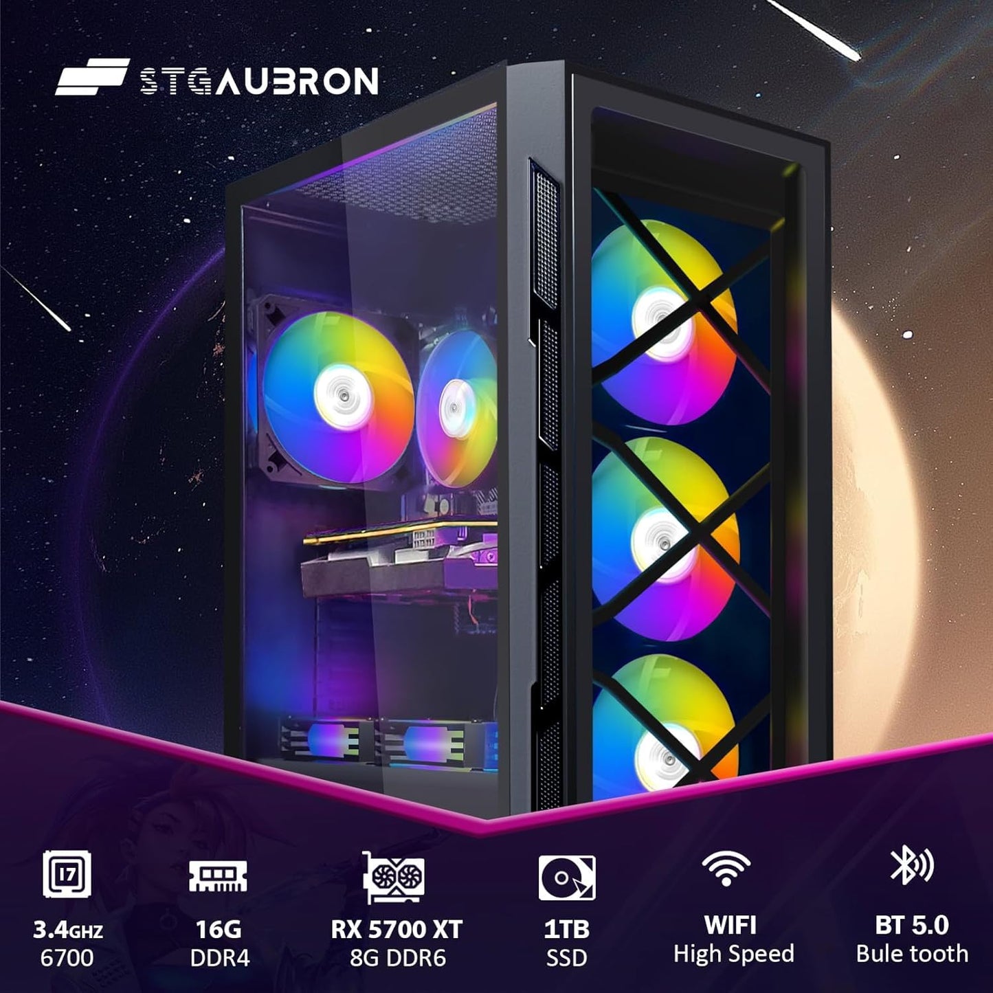 STGAubron Gaming PC Computer Desktop, Intel Core i7-6700 up to 4.0G, Radeon RX 5700 XT 8G, 16G DDR4, 1T SSD, WiFi, BT 5.0, RGB Fan x6, RGB BT Sound Bar, Windows 10 Home